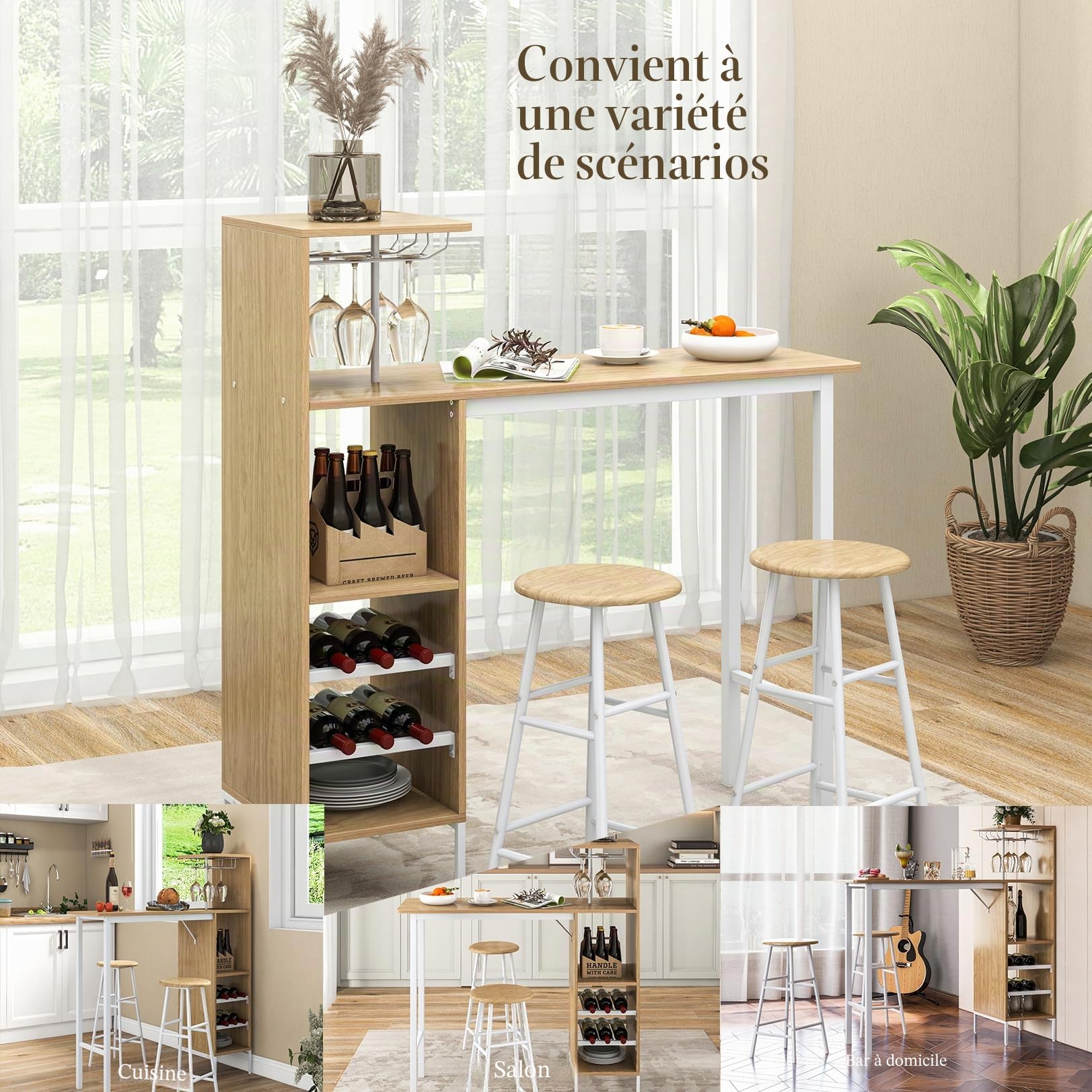HOMASIS Ensemble de table de bar avec 2 tabourets de bar, table de salle à manger avec supports pour verres à vin et étagères pour 6 bouteilles de vin, table bistro industrielle pour cuisine, 120 x 40