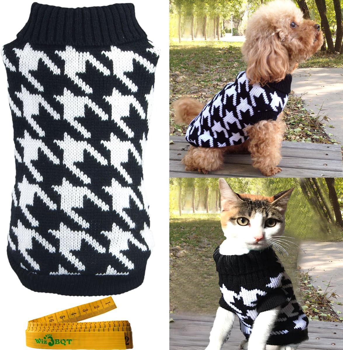 Wiz BBQT Pet Sweater Knitwear for Dogs & Cats Elegant Warm Knitted Turtleneck Houndstooth
