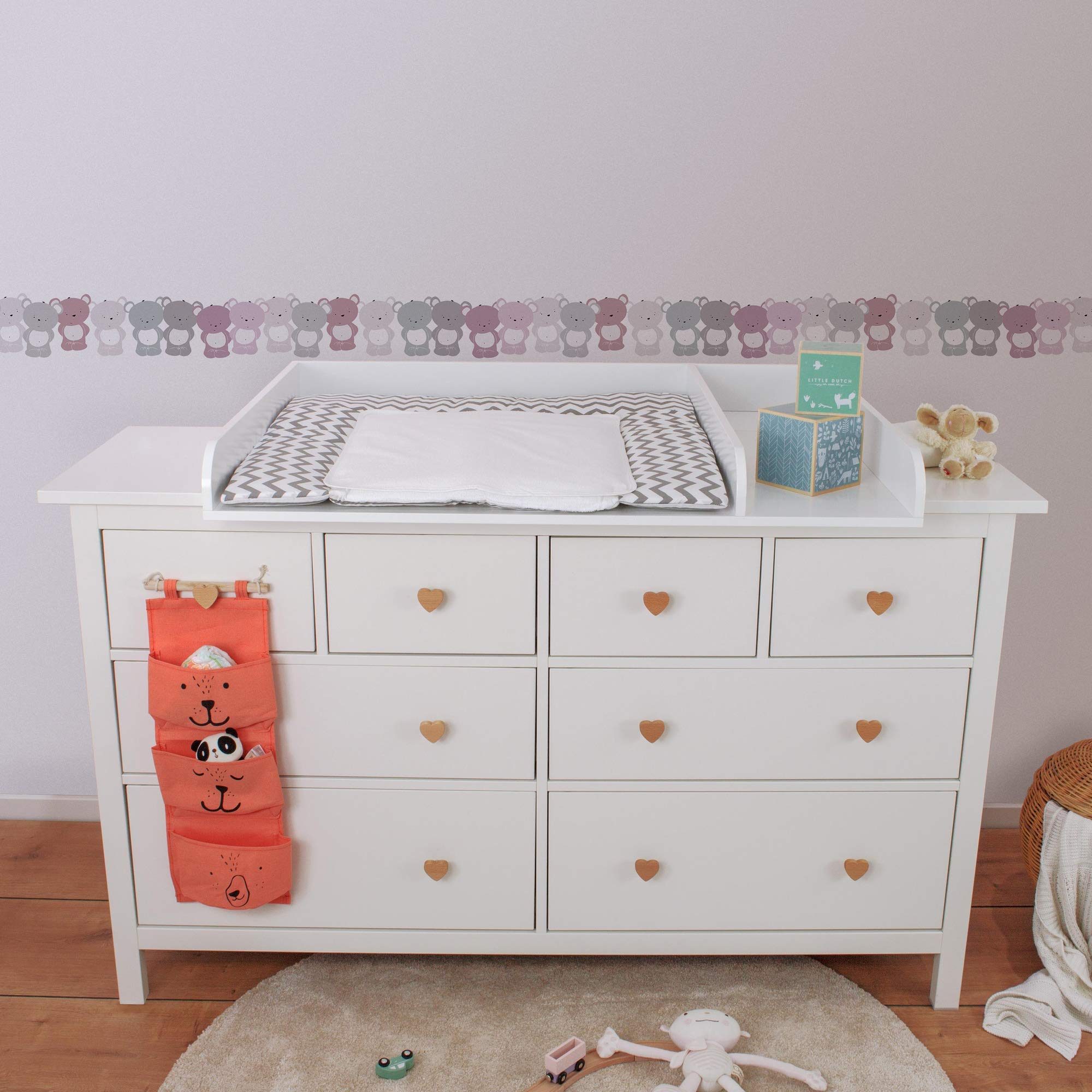 A.S. Création selbstklebende Bordüre - Papierbordüre mit kinderfreundlichen Motiven in Rosa, Grau und Weiß - auf 5,00 m x 0,15 m je Rolle