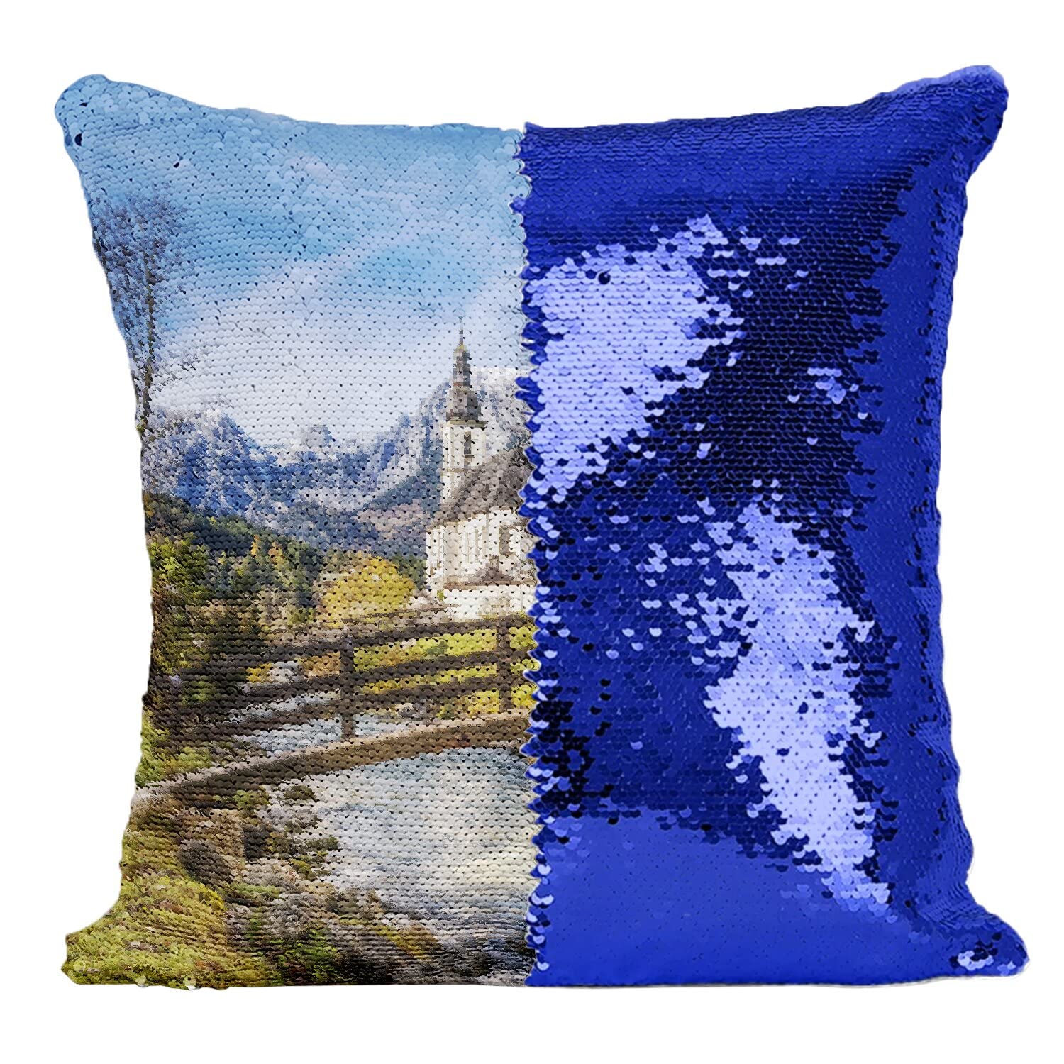 Coussin Sequin Paillettes Bleu Église idée cadeau déco originale