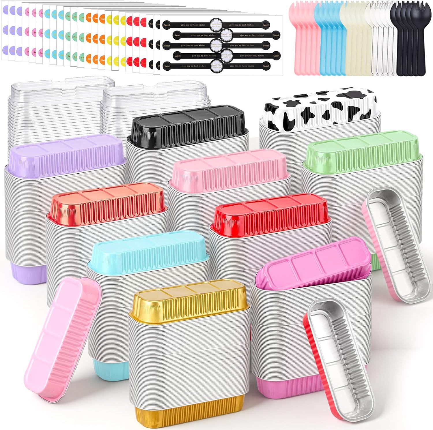 900 Pcs Mini Loaf Pan with Lid Spoon Sticker 6.8oz, Pink