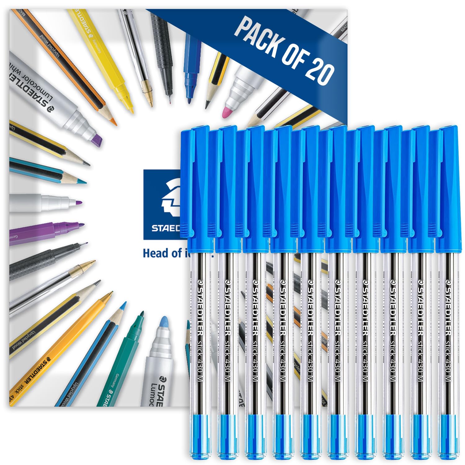 STAEDTLER 430M Stick Ballpoint Medium Pens Pack of 20 Blue