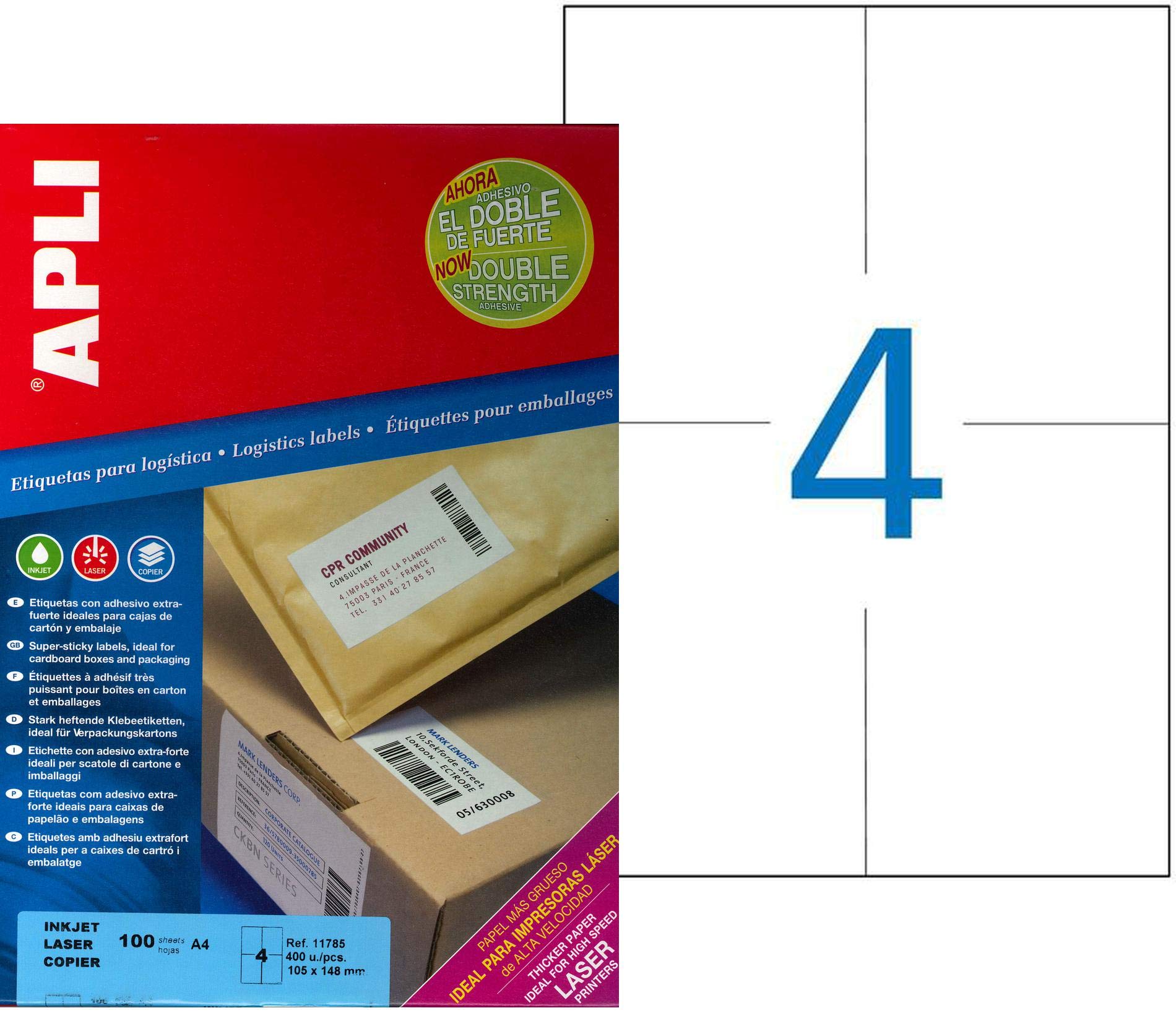 APLI 011785 400 Extra-Strong Adhesive Labels, 105 x 148 mm, White