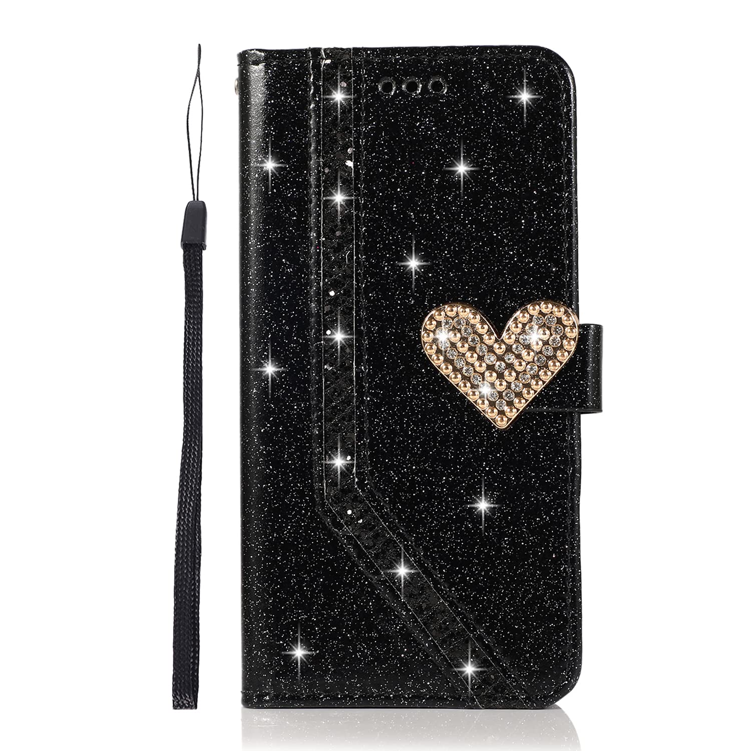 Guppy Compatible with iPhone 16 Plus Glitter Wallet Case for Women Luxury Bling Diamond Rhinestone Heart 2 Card Holder Wrist Strap PU Leather Slots