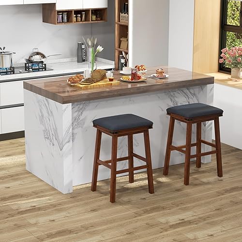 Miniatura 2 de COSTWAY Juego de 2 taburetes de bar tapizados, sillas de bar sin espalda de 30 pulgadas de altura con asiento acolchado de piel sintética, marco de