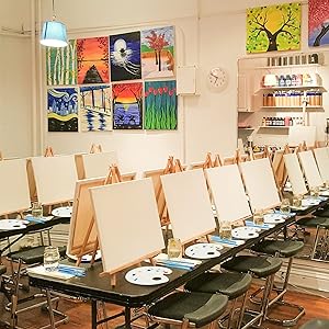 Easel & Canvas Sets 52 Pcs Painting Supplies(4 PCS Easels+4 PCS Canvases+ 40 PCS Brushes+4 PCS Palettes) 16 Inch Tabletop Easel Wooden Art Easel for Kids & Adults/Sip and Paint Party Supplies