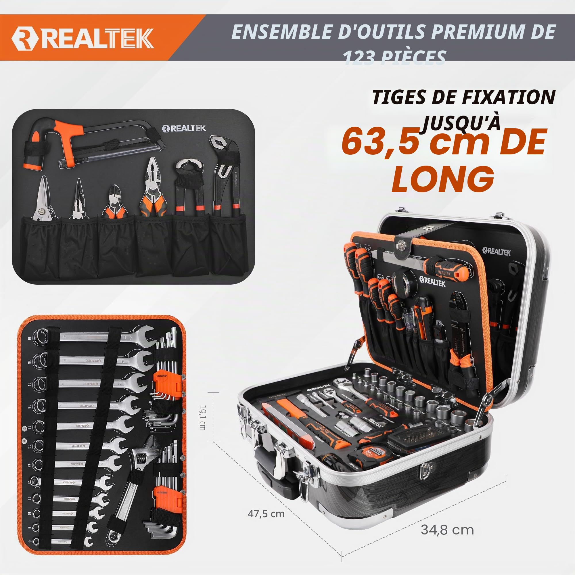 REALTEK Malette Outils, Caisse à Outils Complete 123 pièces, Boite a Outils | Portables, pour la Maison Avec Ensemble de Clés à Douille, Set tournevis, marteau, clés de serrage, et autres accessoires