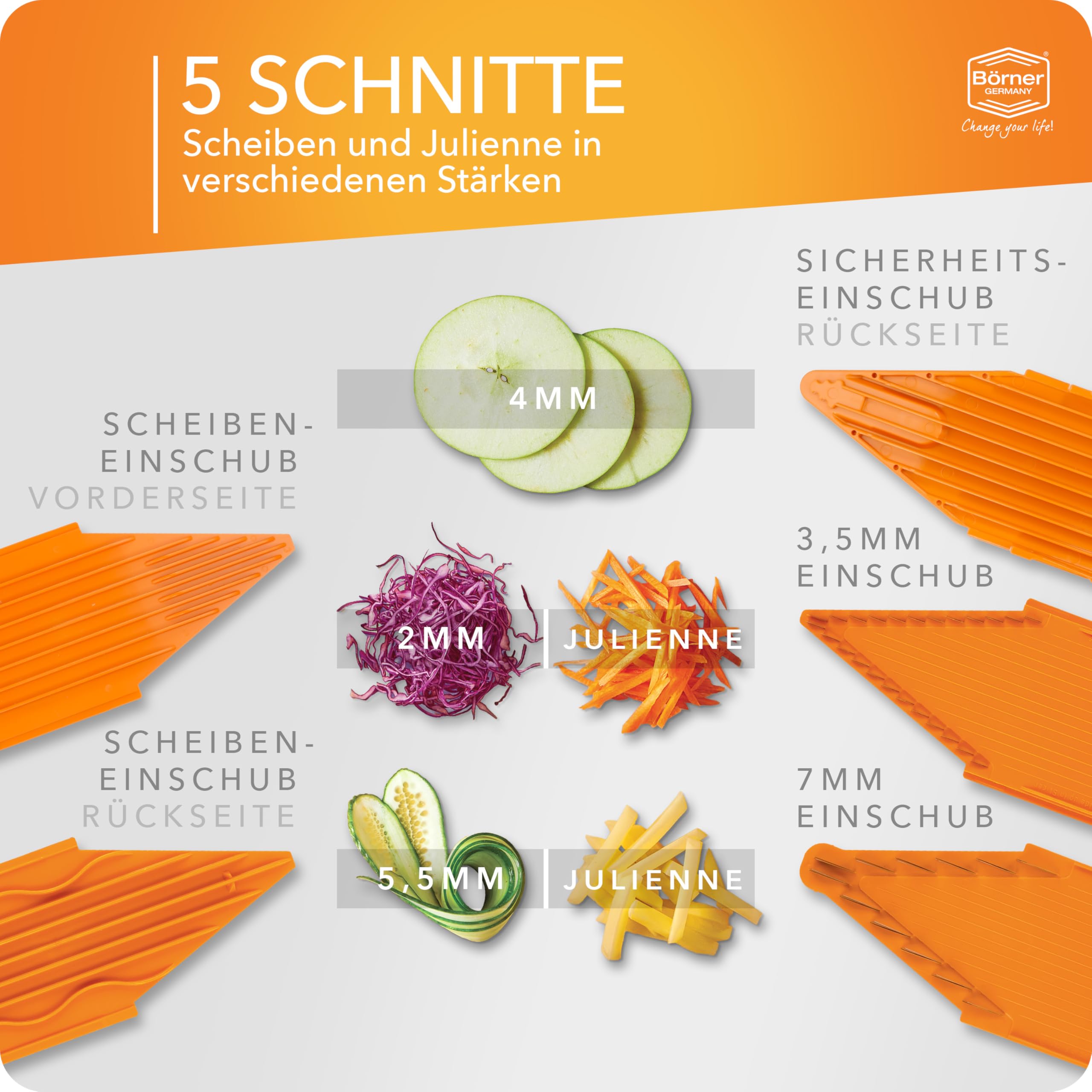 Börner Gemüsehobel V3 (Profi Set) • Multifunktionaler Gemüseschneider für Scheiben, Julienne, Würfel • Verstellbarer V-Hobel • Edelstahl V-Klinge • Küchenhobel Set • Farbe: Orange