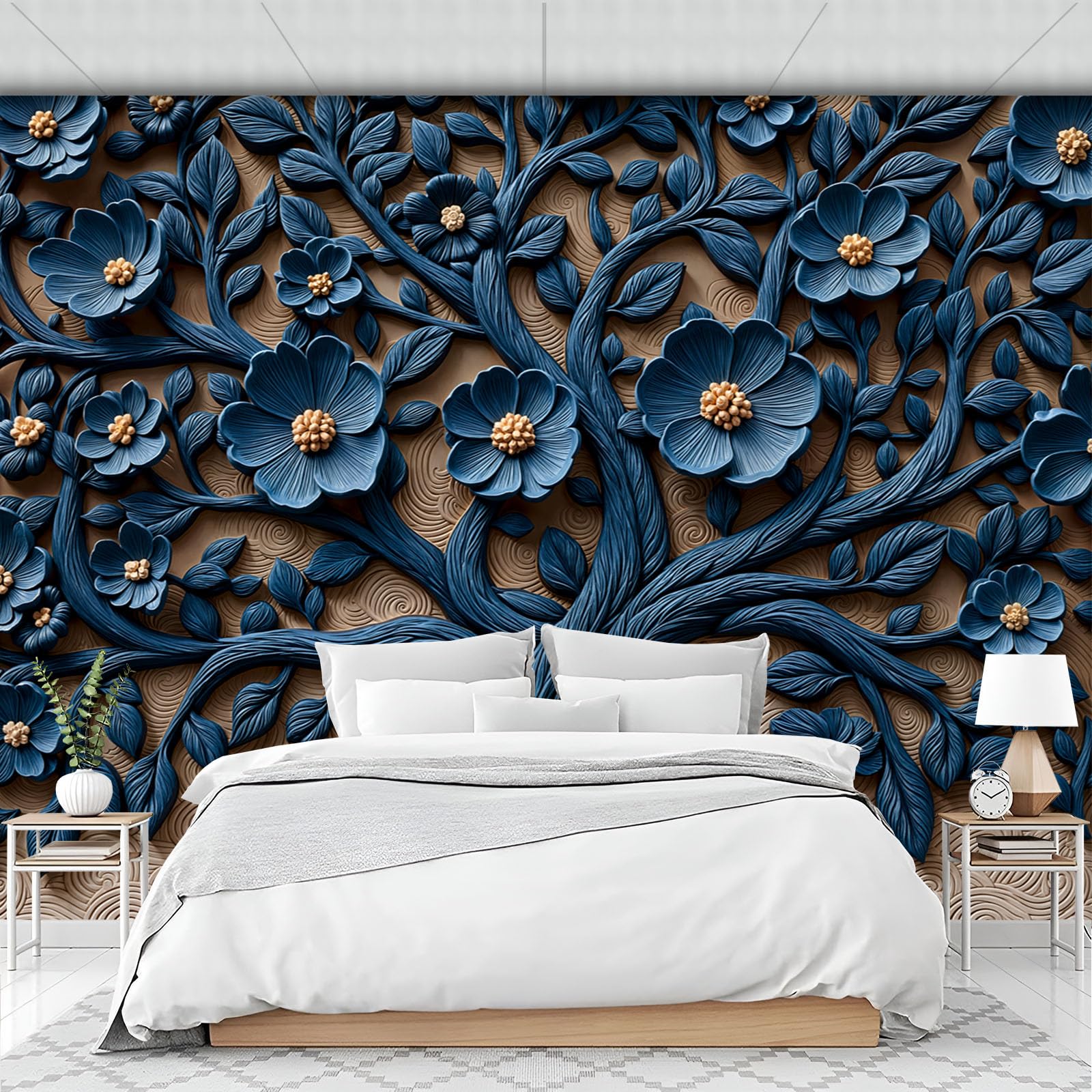Papier peint panoramique relief de luxe bleu pour salon élégant 400x280cm