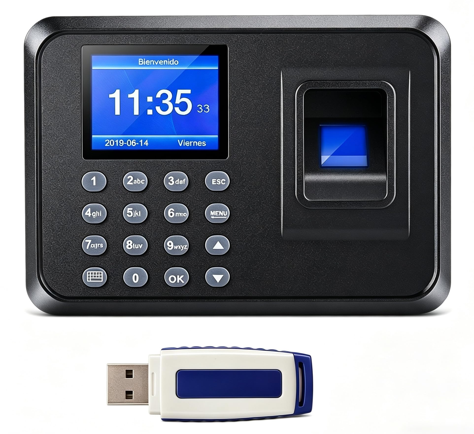 Control Horario para Pequeñas Empresas – Máquina de Fichar Biométrica con Huella Digital, Capacidad 1000 Huellas, Sin Internet, Memoria USB – Reloj de Asistencia para Empleados