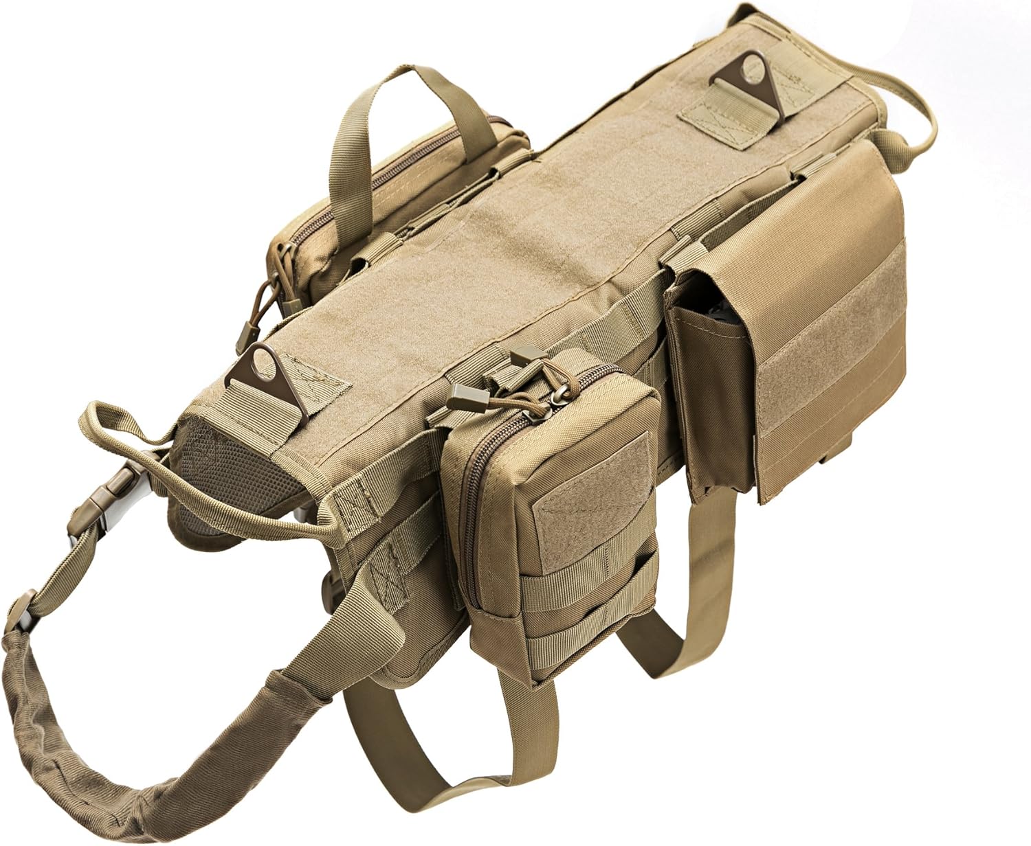 Dog Tactical Harness Molle Vest Adjustable Service Camouflage Outdoor Training Harness with 3 Detachable Pouches Brown Size XL