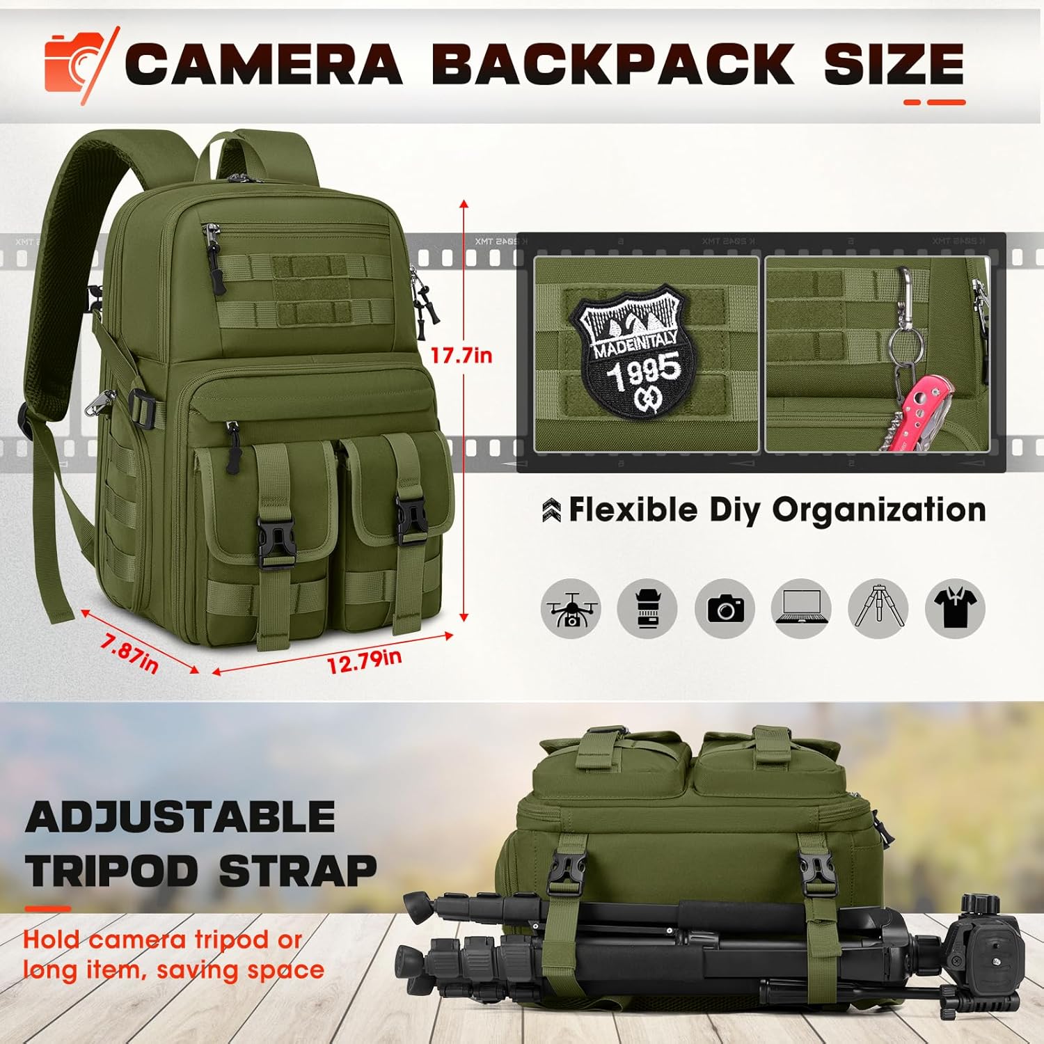 RAINSMORE Camera Bag Backpack for DSLR/SLR/Mirrorless Camera Bags for Photographers 15.6 Inch Waterproof Tactical Photography Backpack Case with Rain Cover & Tripod Holder, Army green - Image 6