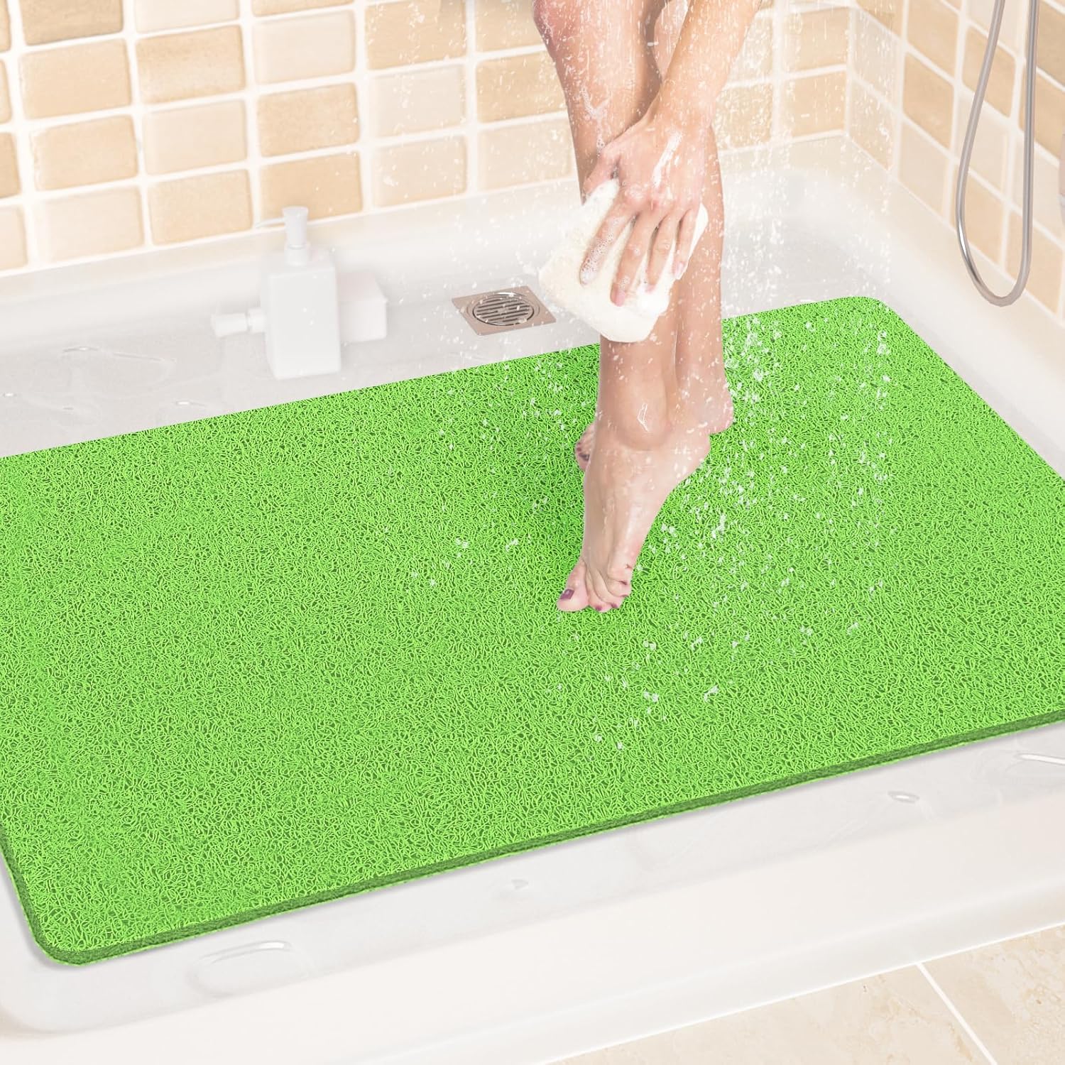 LuxStep Shower Mat Bathtub Mat,24x36 inch, Non-Slip Bath Mat with Drain, Quick Drying PVC Loofah Bathmat for Tub,Shower,Bathroom, Grass Green