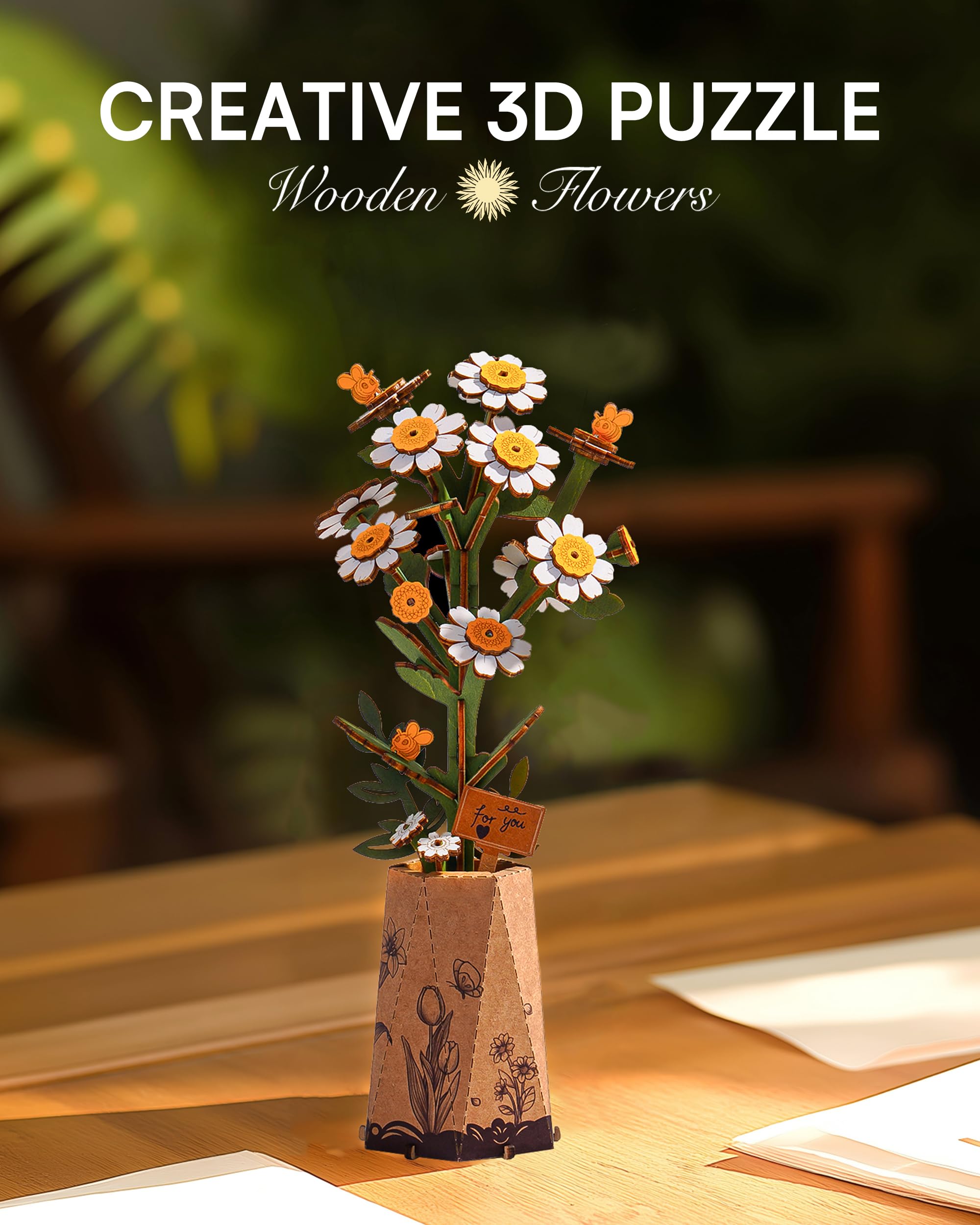 ROBOTIME 3D Puzzle Chamomile, Wooden Artificial Flowers Model Kits for Adults to Build Home Decor Accessories Living Room - Image 3