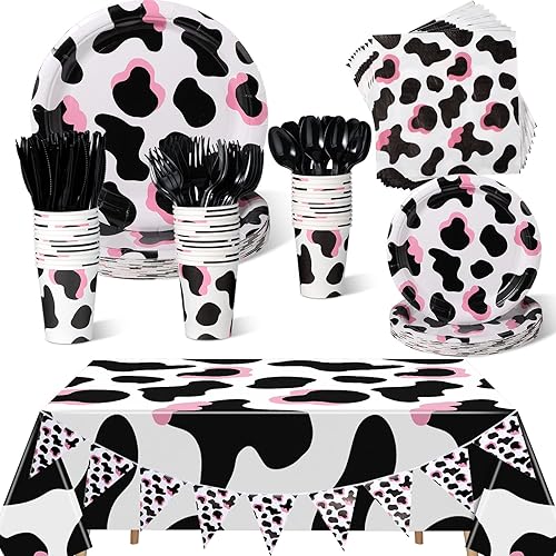 171 piezas de suministros de fiesta con estampado de vaca rosa, incluye platos, tazas, servilletas, cuchillo, cucharas, tenedores, vajilla para 24