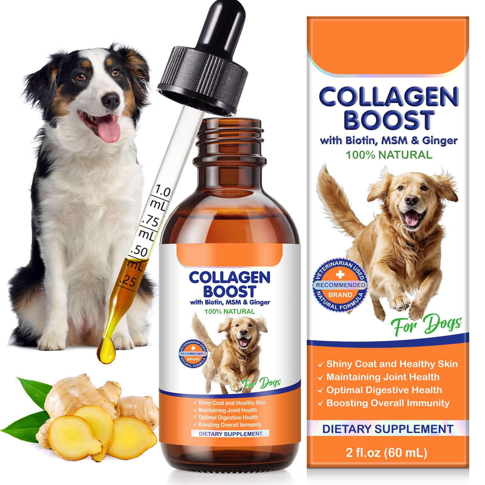 Premium Grass-Fed Liquid Collagen for Dogs - Skin and Coat Support Supplement with Biotin Vitamin C and Hyaluronic