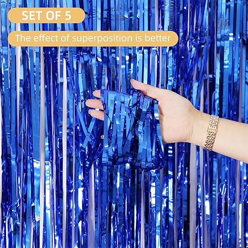 Miniatura 2 de Paquete de 5 cortinas de papel de aluminio con flecos azules de 3.2 x 8.2 pies, serpentinas de fondo de oropel para decoración de fiesta