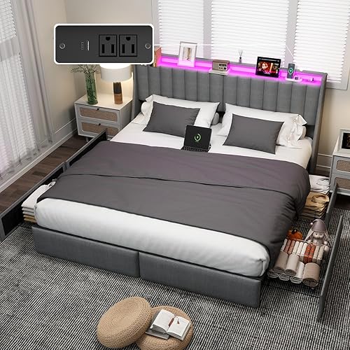 Miniatura 12 de Base de cama tamaño King con luces LED y estación de carga, plataforma tapizada con cabecera de almacenamiento y 4 cajones, soporte de listones de