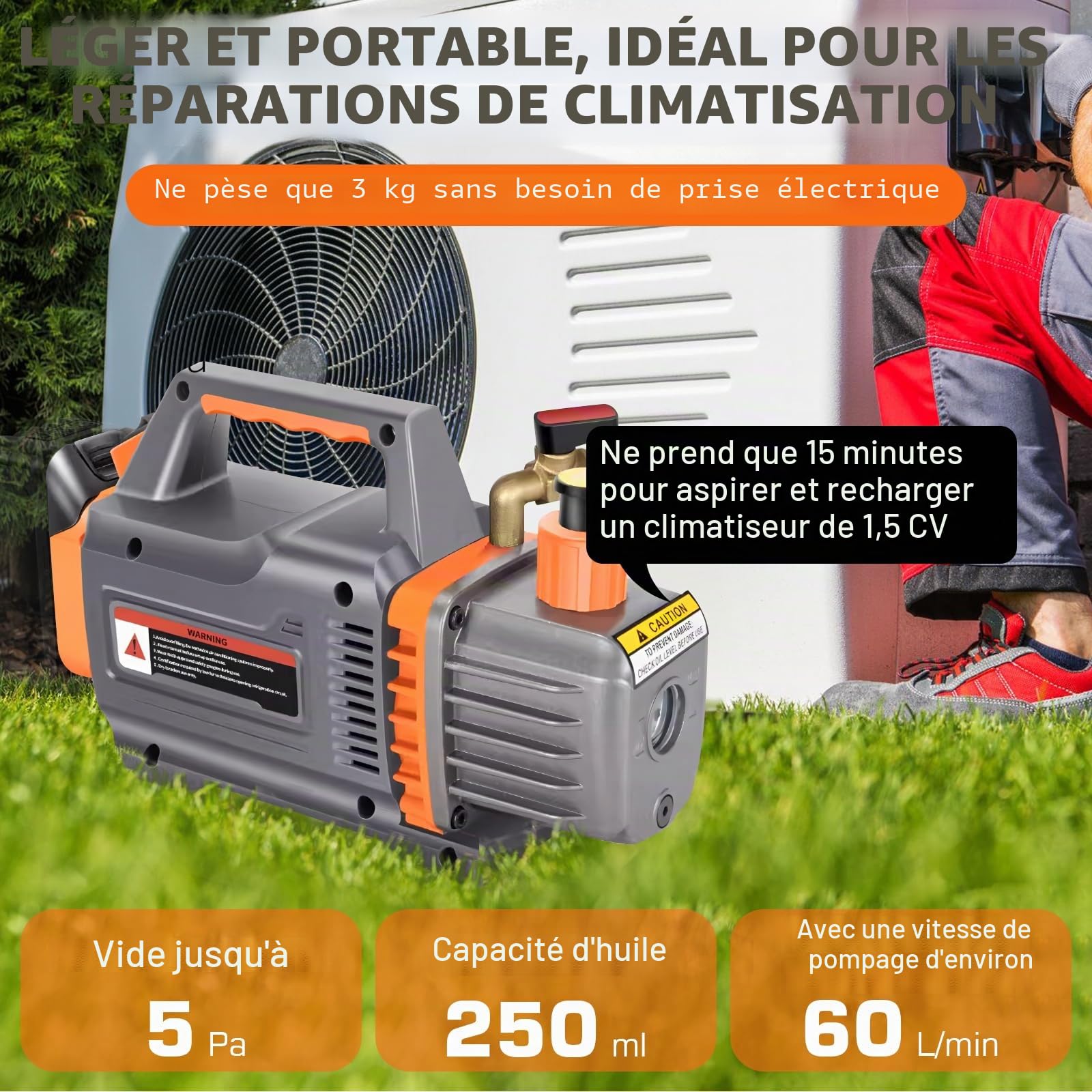 Pompe à vide compatible avec batterie Mak-ita 18 V, pompe à vide à 1 étape, 2 CFM, 1/4HP, 5PA testeur de vide pour outil d'air réfrigérant HVAC AC, dégazage de résine, emballage sous vide (sans piles)