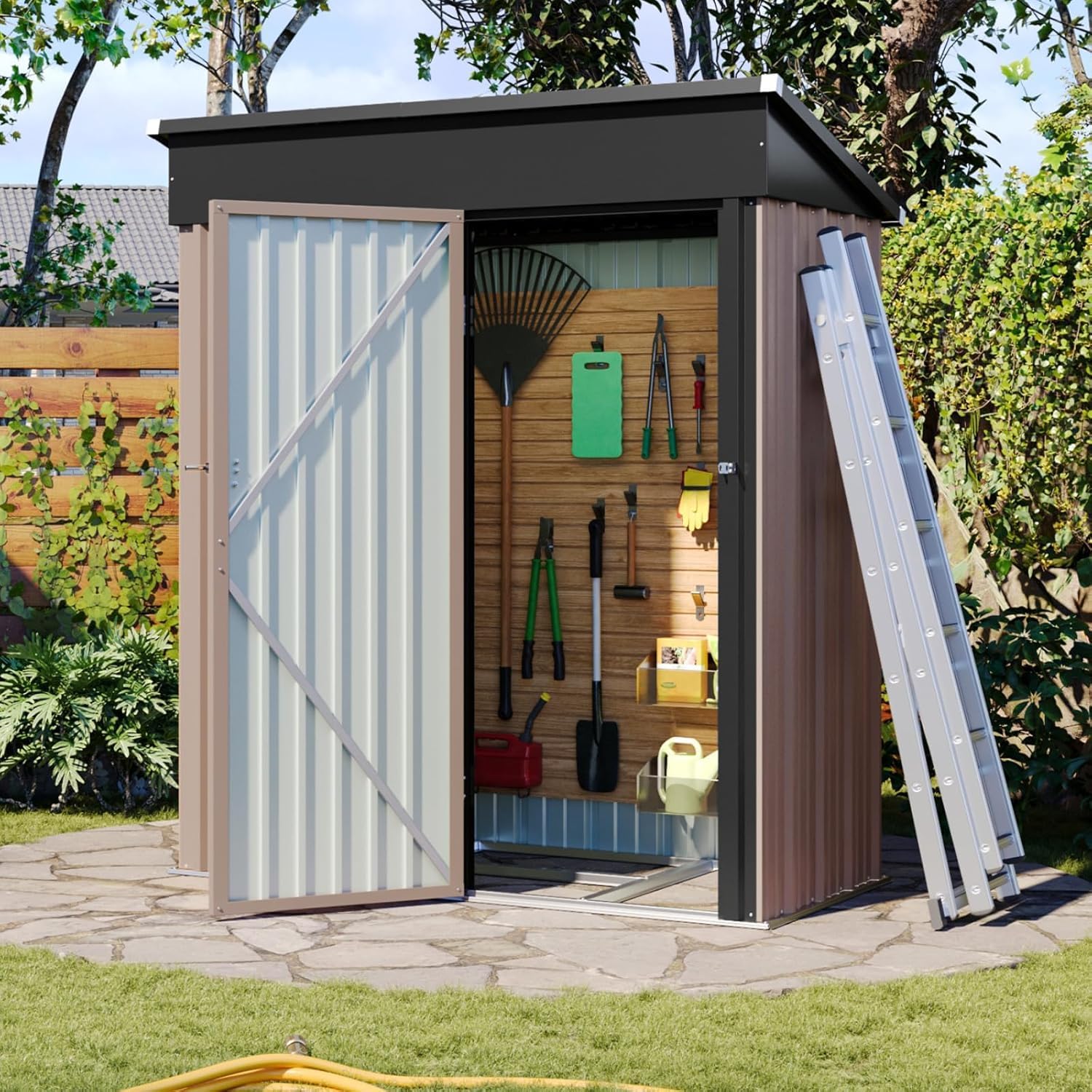 Aoxun 5x3 Metal Outdoor Storage Shed with Lockable Doors, Sloped Roof & Base - Waterproof Galvanized Steel Garden Tool Organizer for Backyard Patio