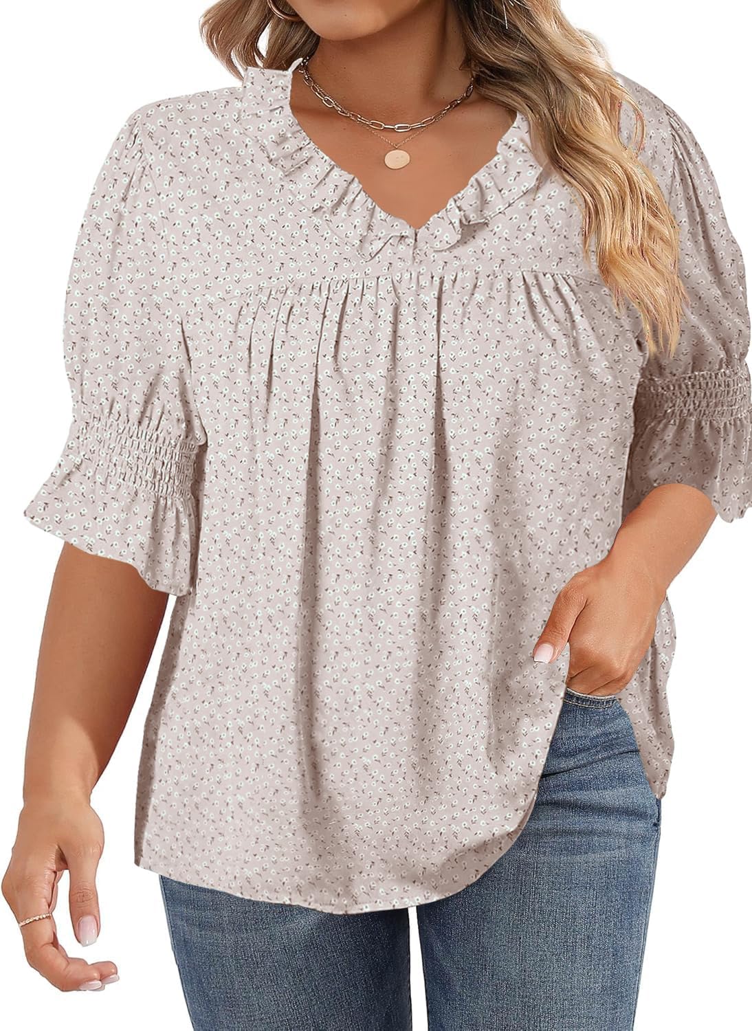 Plus Size Womens Boho Floral Print Blouses V Neck Ruffle Flowy Short Sleeve Shirts Babydoll Summer Tunic Tops