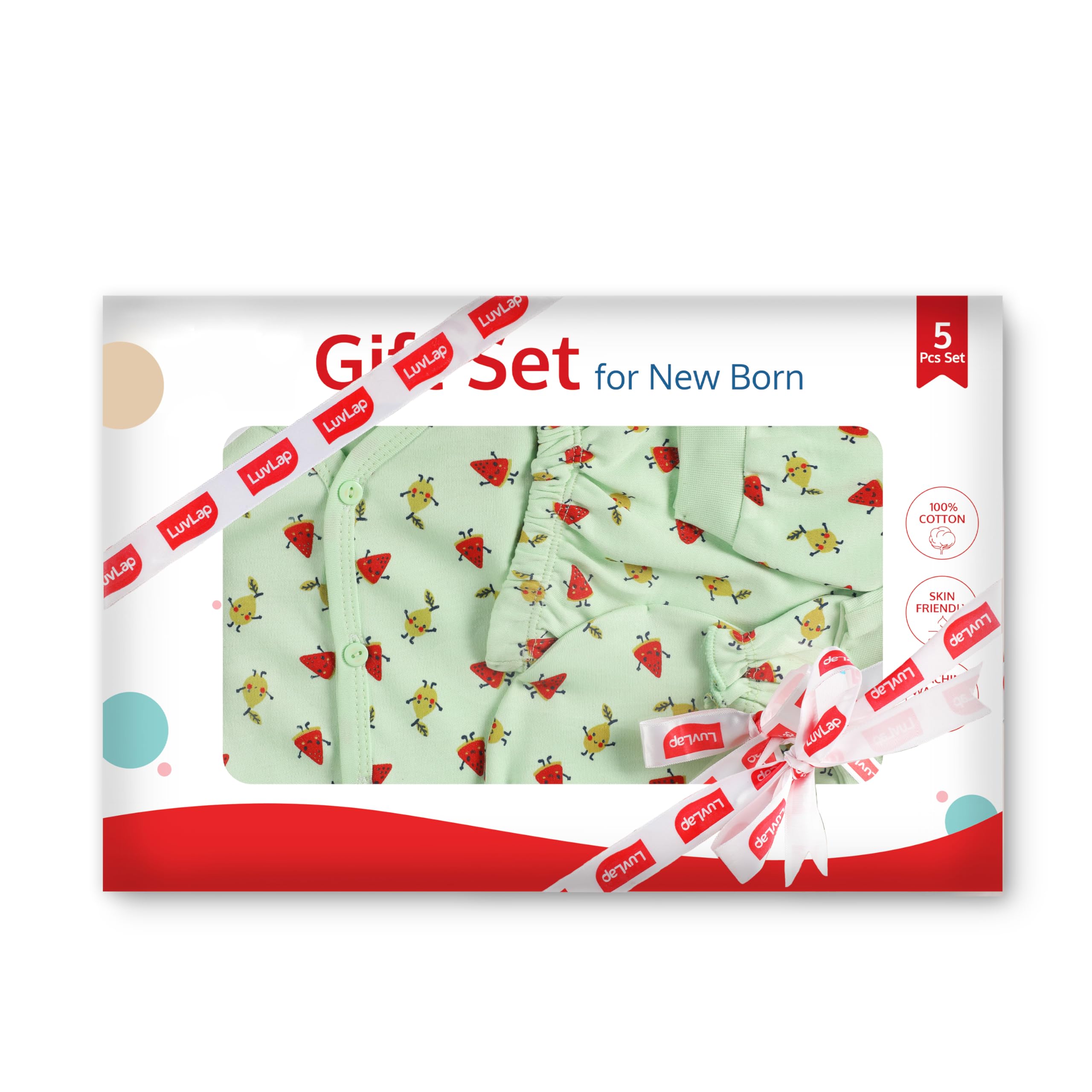 LuvLap Newborn Baby Gift Set of 5 Items,Open Half Sleeves Jhabla Vest- Tshirt,Pajama Pants,Cap,Mittens and Socks,Cottony Soft,Skin Friendly,Baby Clothes Set 0-3 Months,Sea Green Fruits Print,Printed-image-31