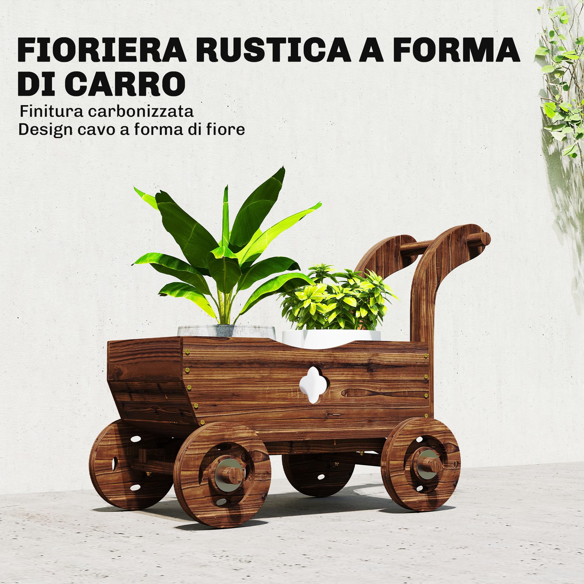 Outsunny Letto per Orto Rialzato da Esterno a Forma di Carretto con 4 Ruote e Maniglia, Fioriera in Legno di Abete con Fori di Drenaggio, per Balcone Patio, 68x38x52 cm, Carbonizzato