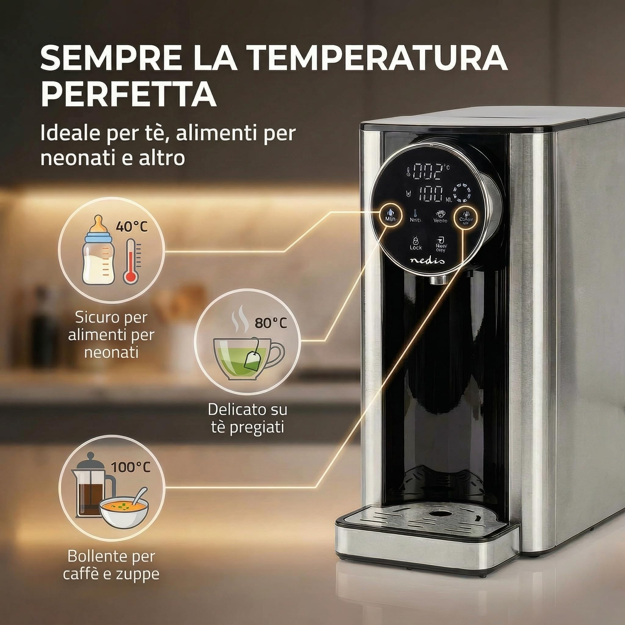 Nedis KAWD310FBK erogatore di acqua calda – serbatoio da 2,7 L – potenza 2600 W – riscaldamento rapido – controllo touch – alluminio/nero