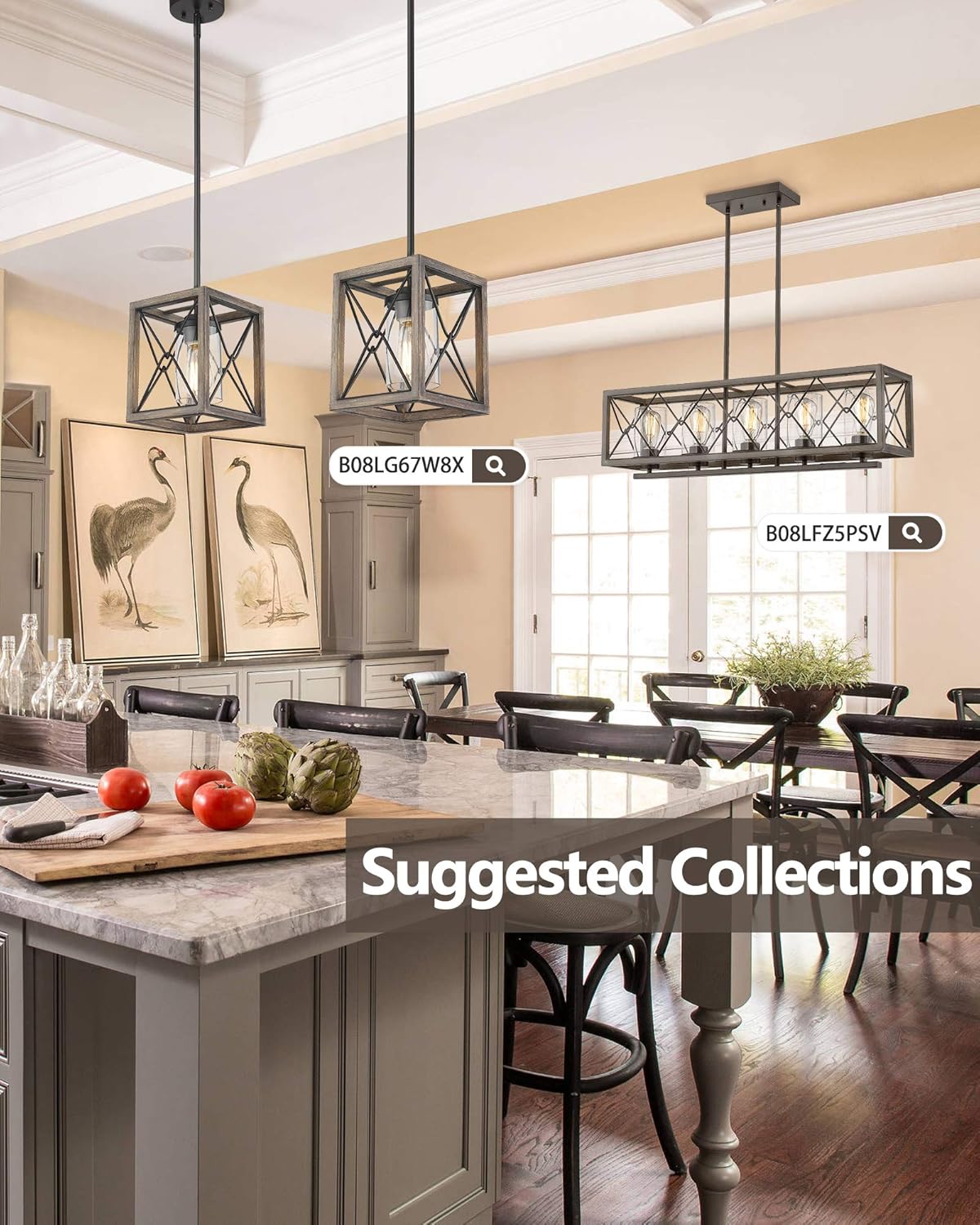 Super Big Clearance! FEMILA 5-Light Kitchen Island Light, Farmhouse Linear Pendant Lighting Fixture with Clear Glass Lamplshade, Metal Frame, Antique Wood Grain Paint Finish, 4FY42-5 WB