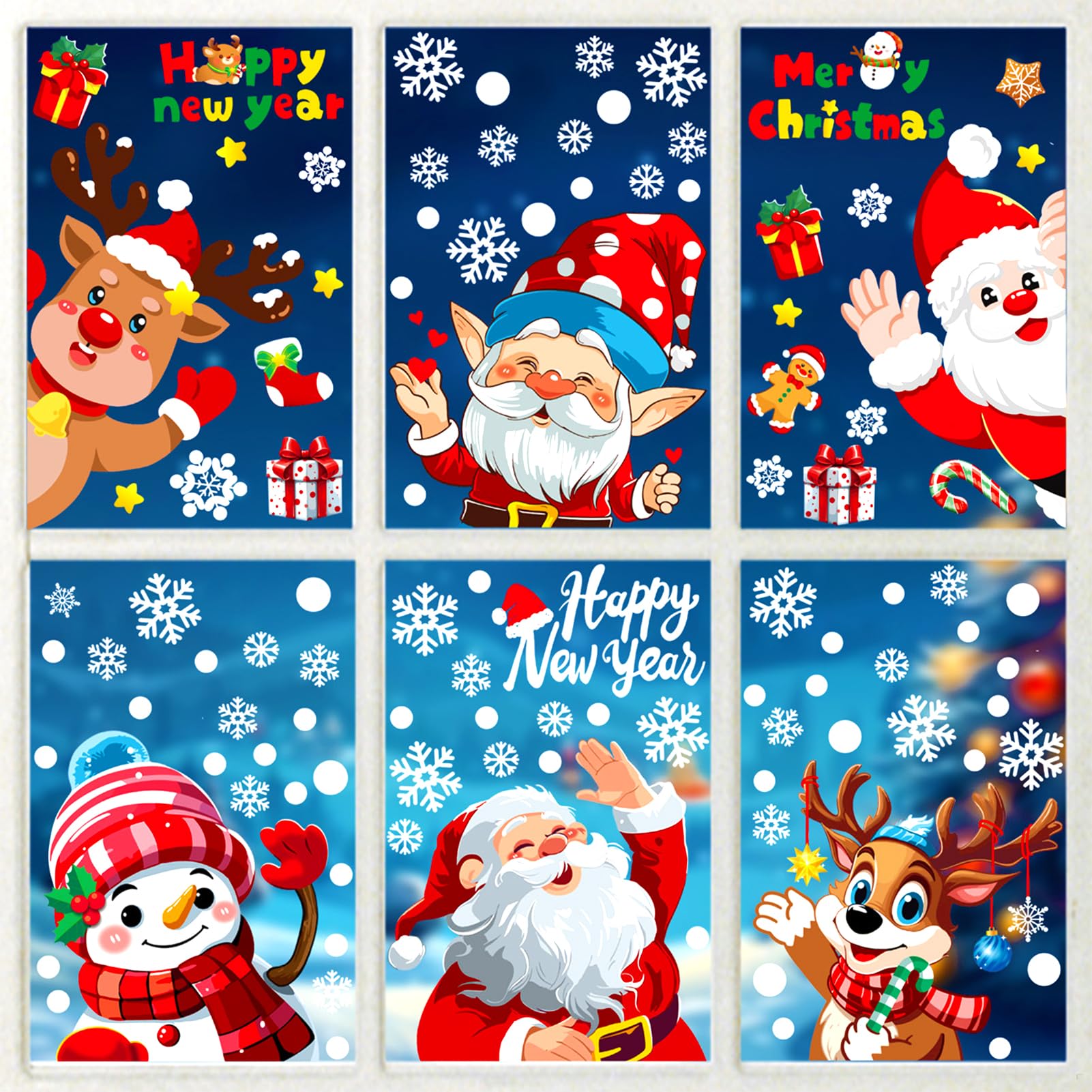 104Pcs Christmas Window Clings Snowflake Stickers Waterproof Double-Sided Static Christmas Decorations Holiday Snowflake Santa Claus Reindeer Decals for Winter Window clings Party