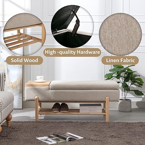 Miniatura 25 de Banco de almacenamiento tapizado para dormitorio, extremo de la cama, banco otomano de lino beige con asiento acolchado, banco de madera moderno
