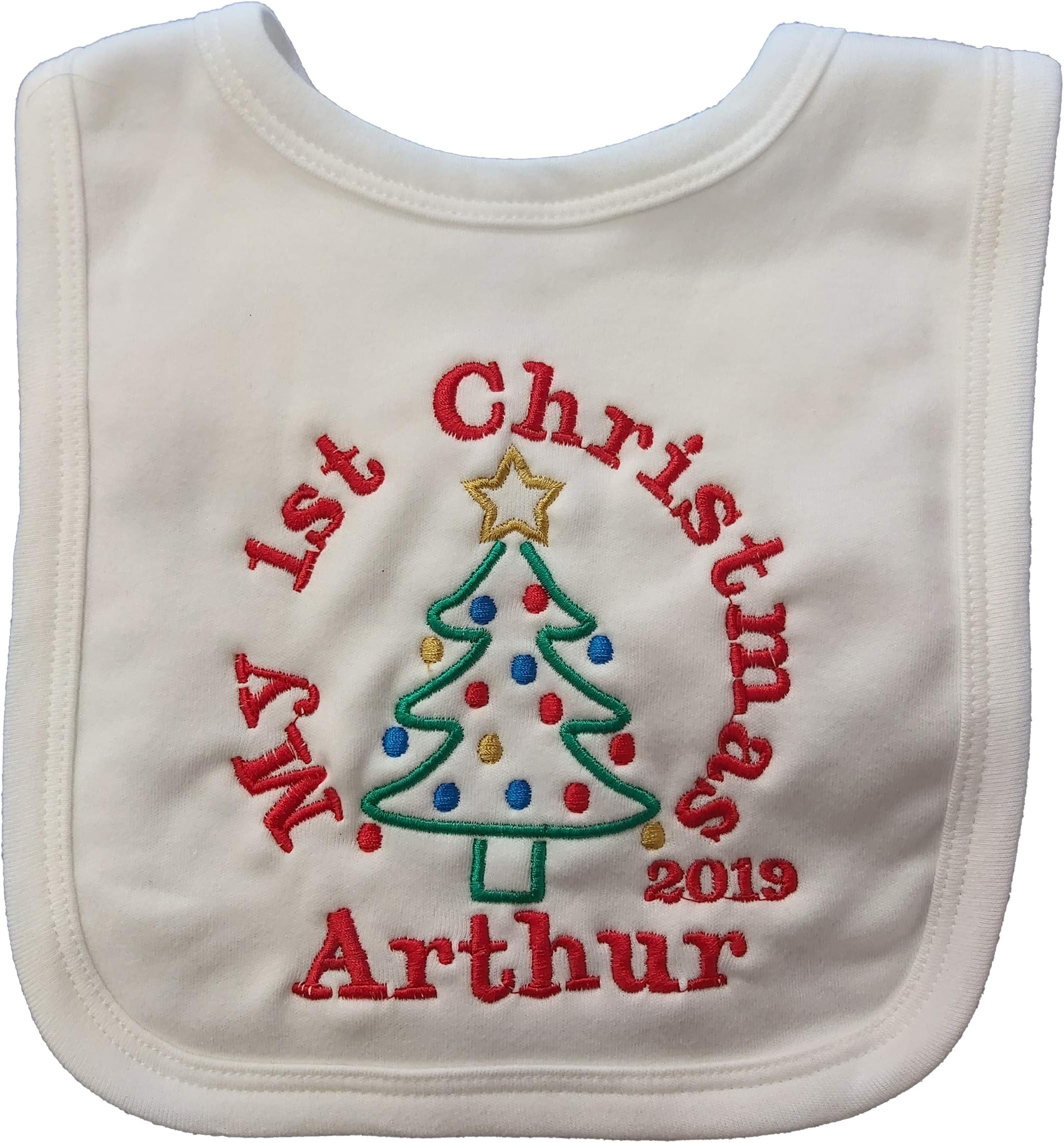 Personalised Baby's First 1st Christmas bib with Tree Available in red, White, Blue or Pink (White)