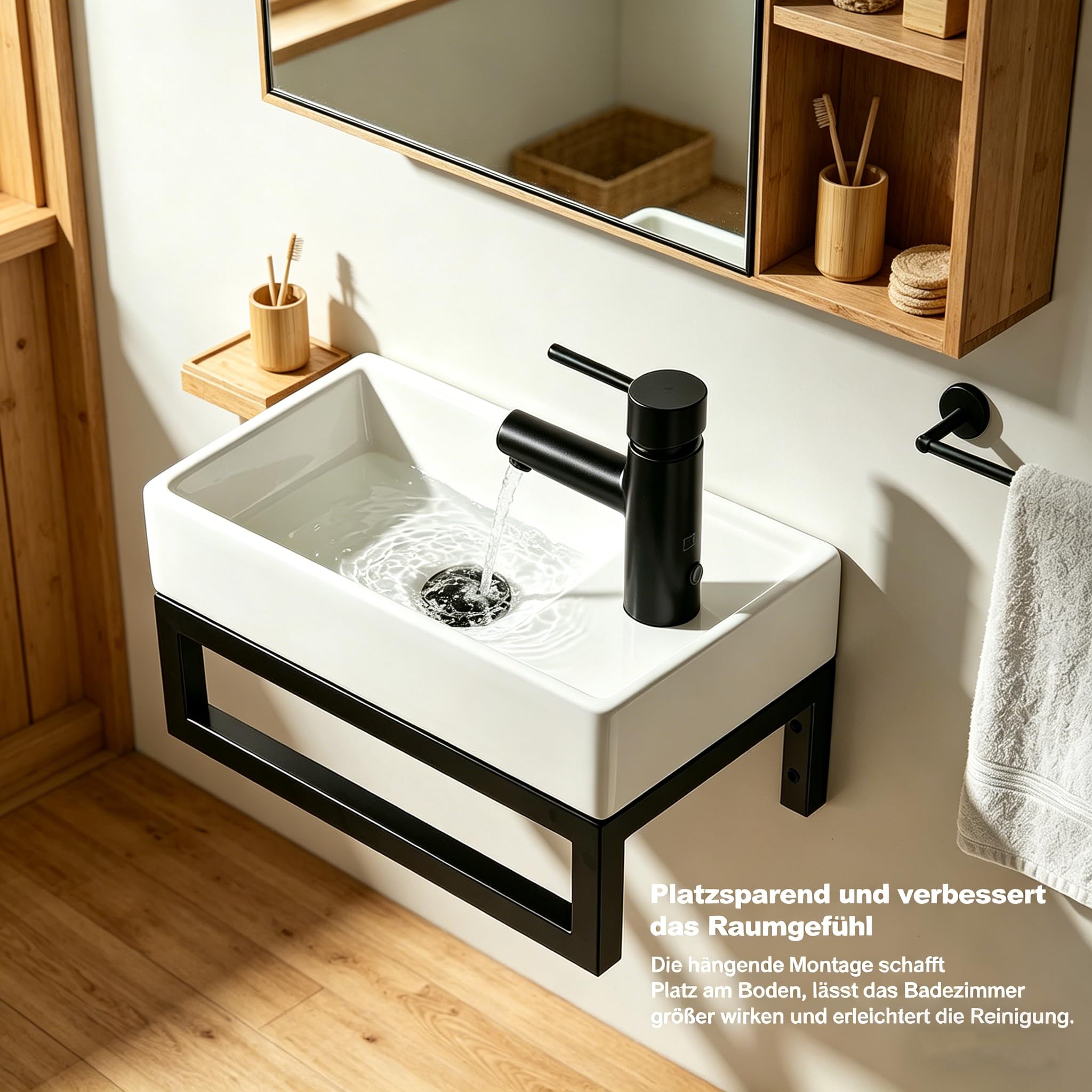 NUESTRA VIDA Hängendes Mini-Waschbecken aus weißer Keramik mit schwarzem Matt-Metallgestell – 40x22x24 cm, eckig, mit Überlaufloch – Ideal für Gäste-WC – ohne Armatur und Pop-up-Abfluss