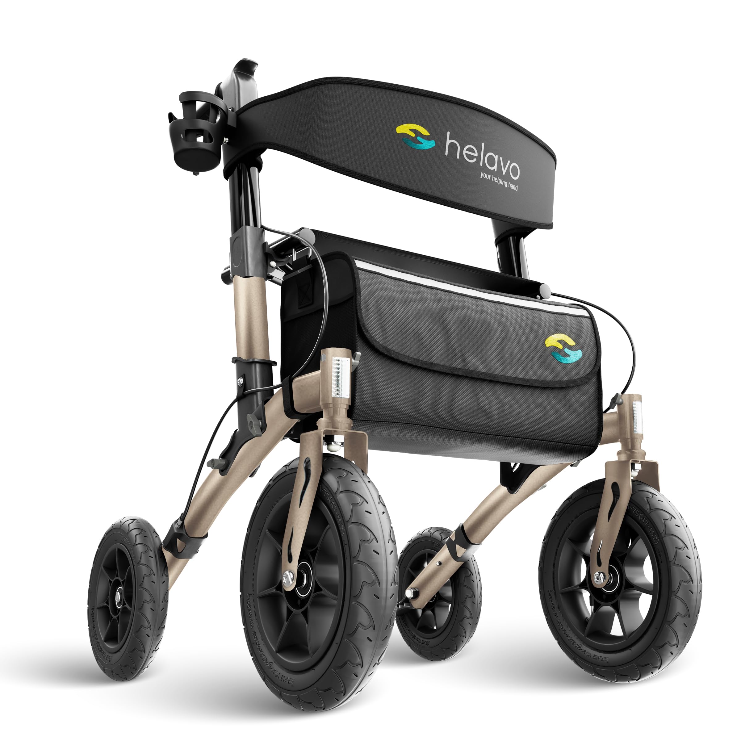 Helavo Rollator z oponami pneumatycznymi do użytku na zewnątrz – składany i lekki, z siedziskiem, aluminiowy Outdoor Walker – składany do użytku na zewnątrz