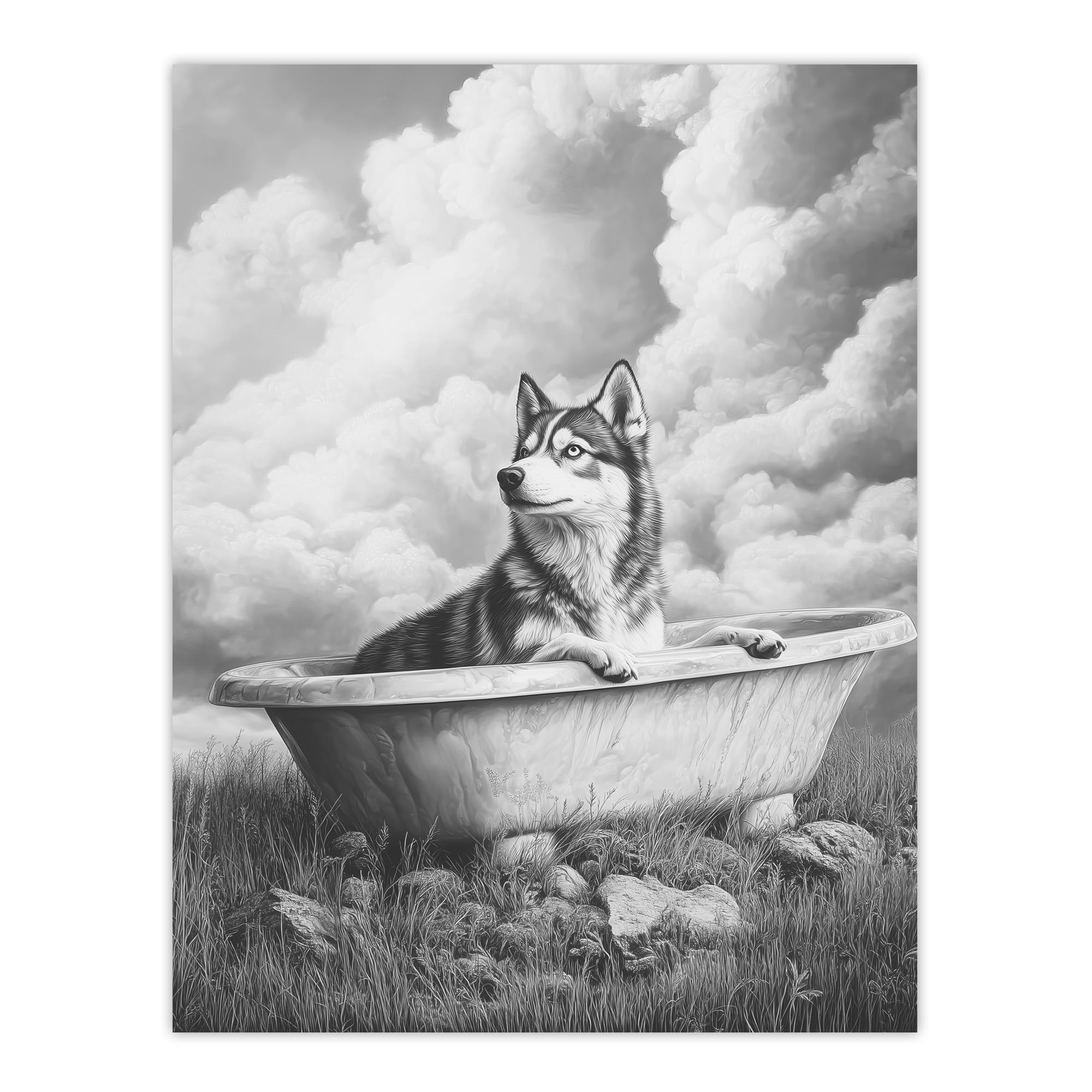Artery8 Husky Bath Time Bathtub Black White Surreal Bathroom Toilet Extra Large XL Wall Art Poster Print