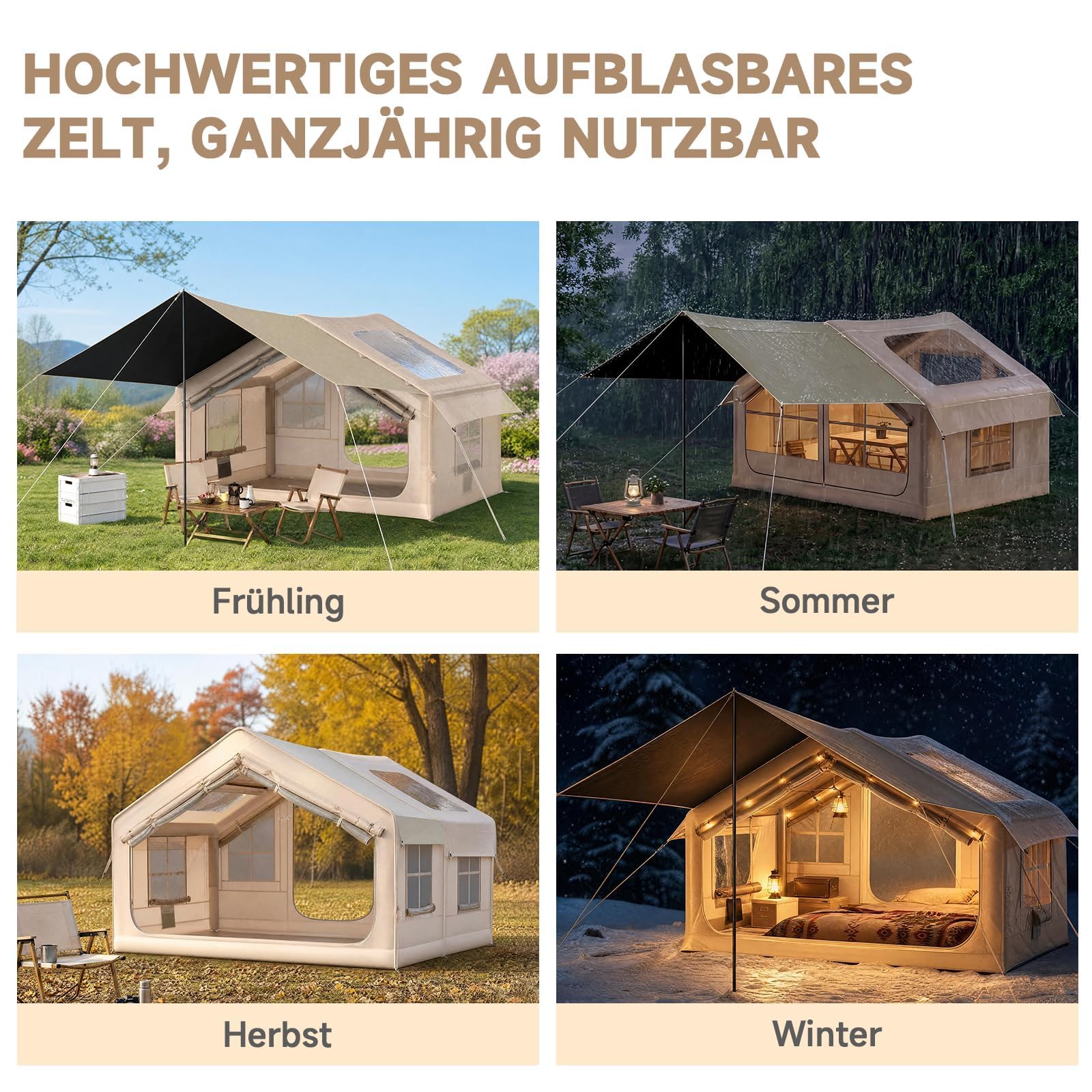 HAUSPROFI Luftzelt Aufblasbares Zelt 3-4 Personen, 6,3m² Glamping Hauszelt mit Vorzelt & Kaminöffnung, 200cm Stehhöhe, 420D Oxford Wasserdichtes Familienzelt für Camping Outdoor, Inkl. Pumpe