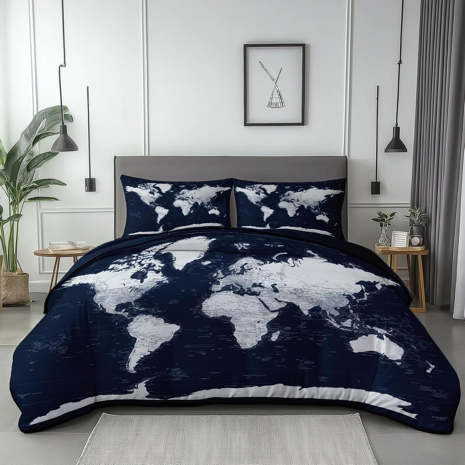 Duvet Cover 2 Pcs Set Retro World Maps Pattern Duvet Covers for Kids Boys Girls Twin Decorative Breathable Bed Cover Dark Blue Reversible Bedding Set