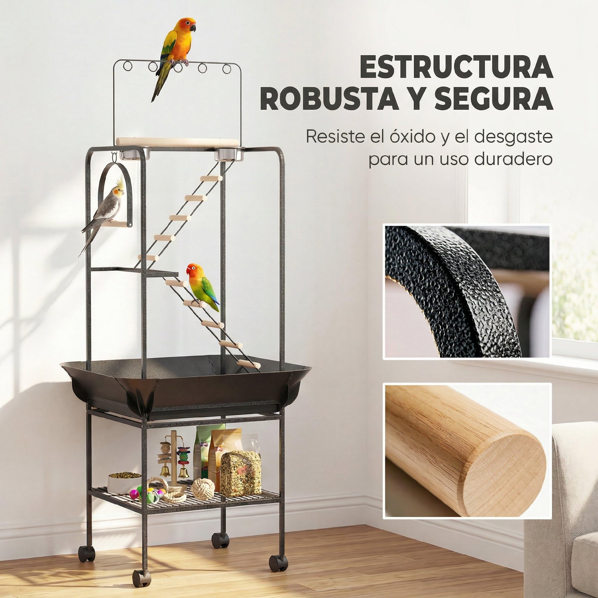 PawHut Parque de Juegos para Pájaros, Soporte para Pájaros con Ruedas, Escaleras, Columpio, Protector de Semillas, Bandeja, Comederos, Perchas, Gancho, Estante, para Periquitos Cacatúas, 63x63x163 cm