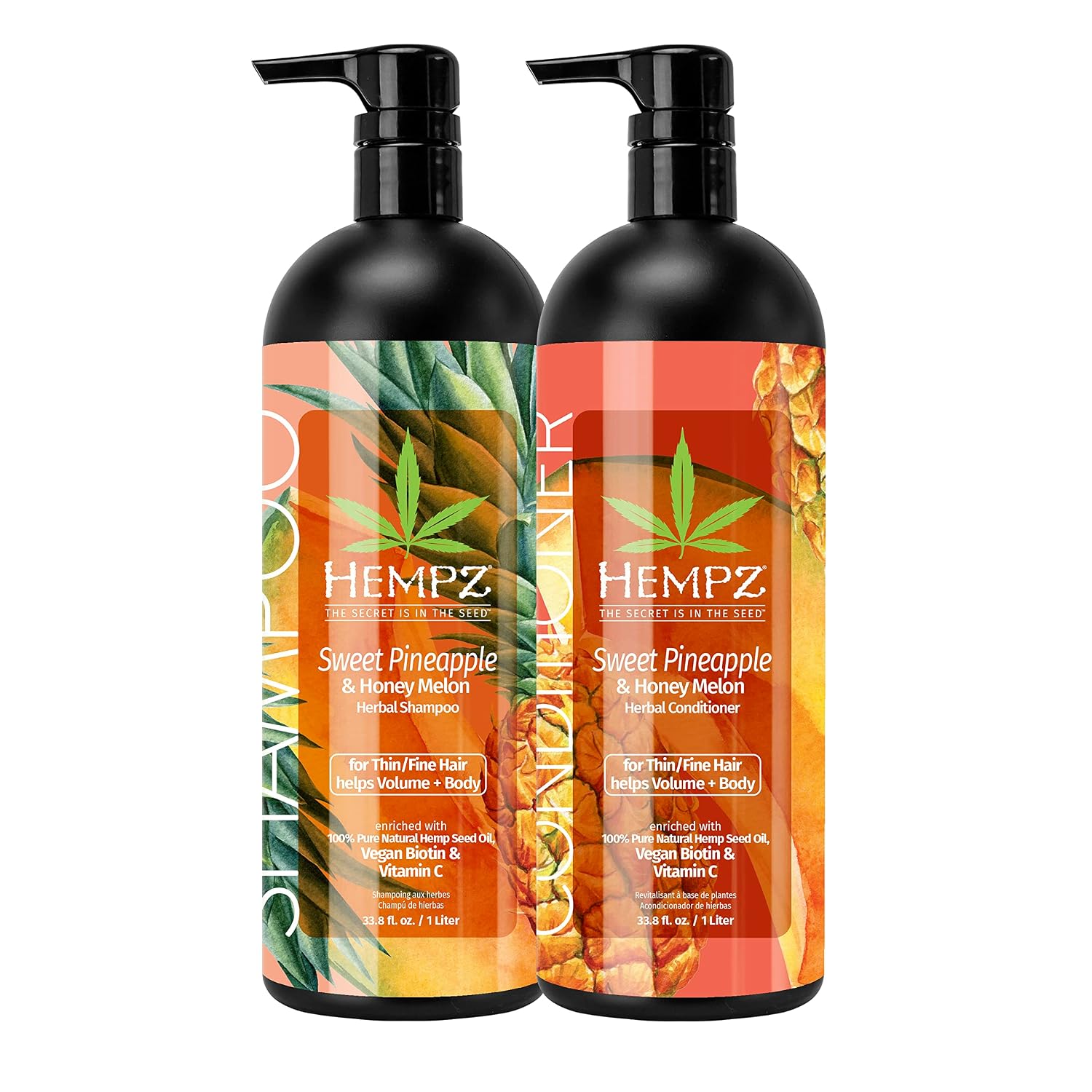HEMPZ Hair Shampoo & Conditioner Set - Sweet Pineapple & Honey Melon Scent for Thin/Fine Dry, Damaged and Color Treated Hair, Hydrating, Softening, Moisturizing with Biotin Duo Set - 33.8 fl oz