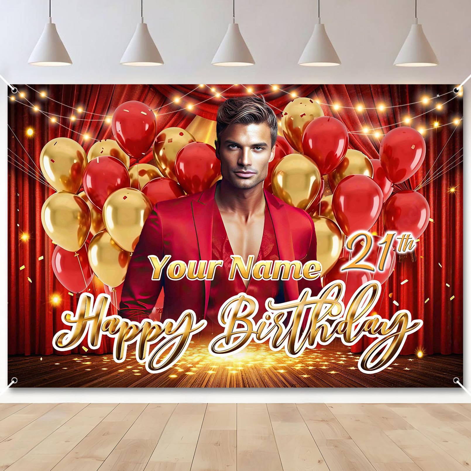 Custom Red Gold Birthday Banner Add Photo Name Age Party Banner Decor