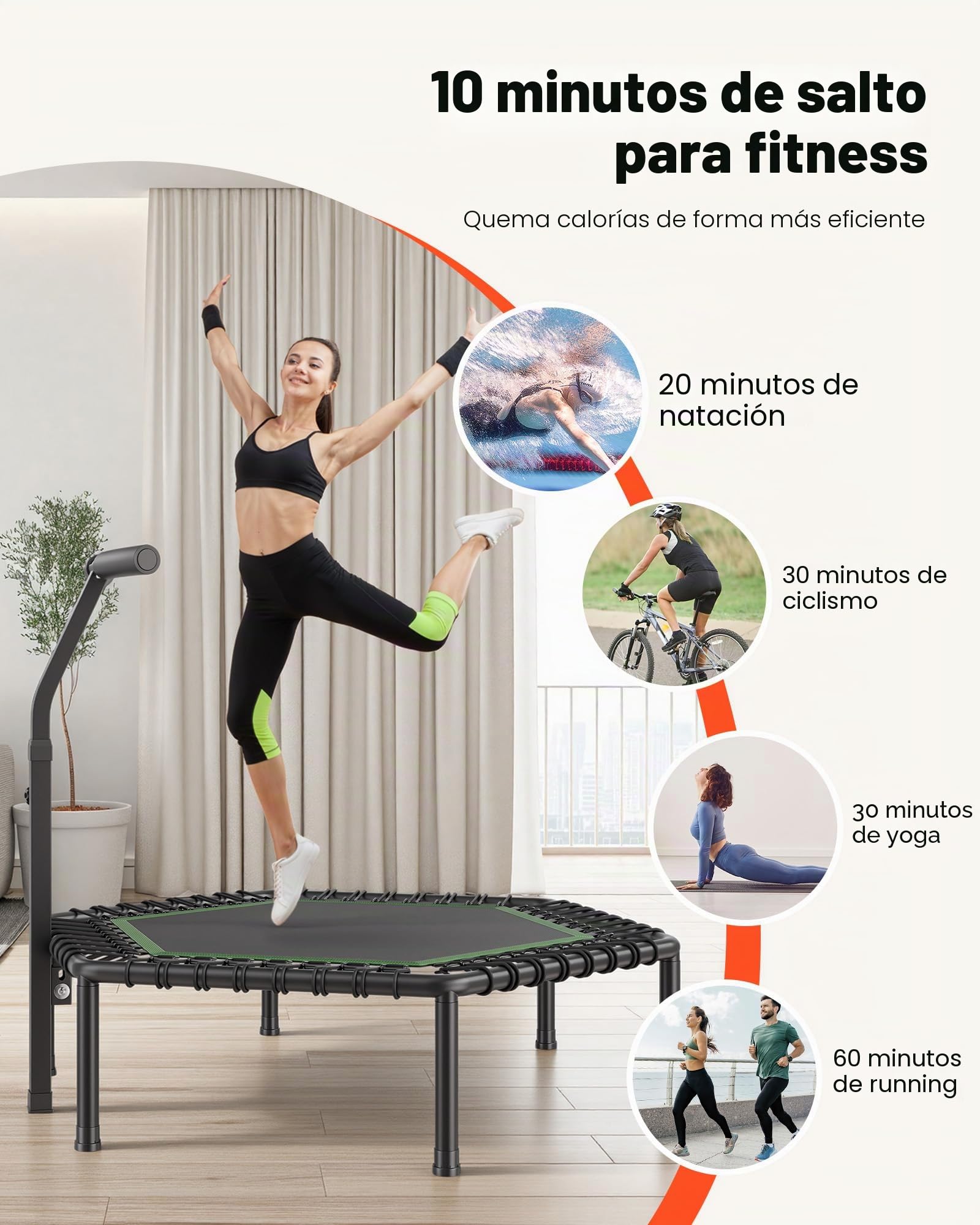 VEVOR Trampolín de Fitness 138,5 cm, Cama Elástica Capacidad Máxima de 205 kg, con 3 Niveles de Altura Ajustable, Mango de Espuma, Trampolín de Rebote Estable y Silencioso, para Adultos, Interiores