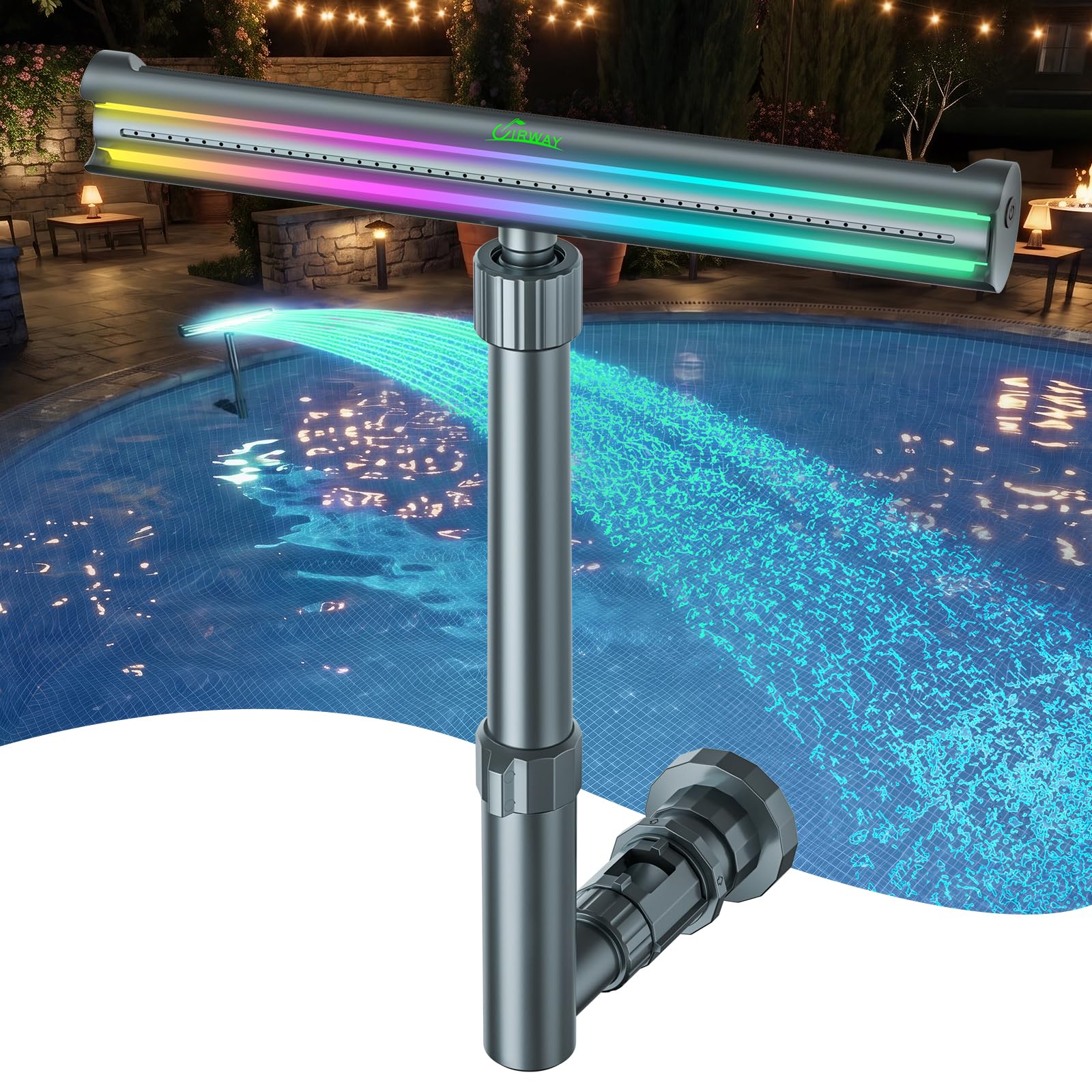 Photo 1 of UIRWAY Solar Pool Fountain F5 Pro, Dual Light Strip 52 Ultra-Bright LEDs Unique Design, 10 Colors Pool Lights with 4 Modes, Remote Control, Adjustable Spray, Pool Fountain for Above & Inground Pools