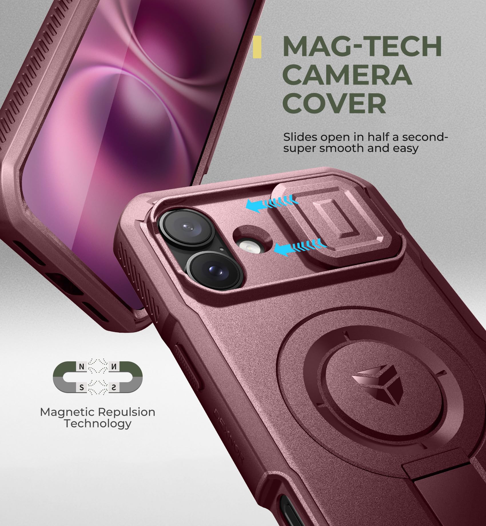 Dexnor for iPhone 16 Plus Magnetic Case With Slide Camera Cover & Adjustable Kickstand & Built-in Screen Protector - Image 4