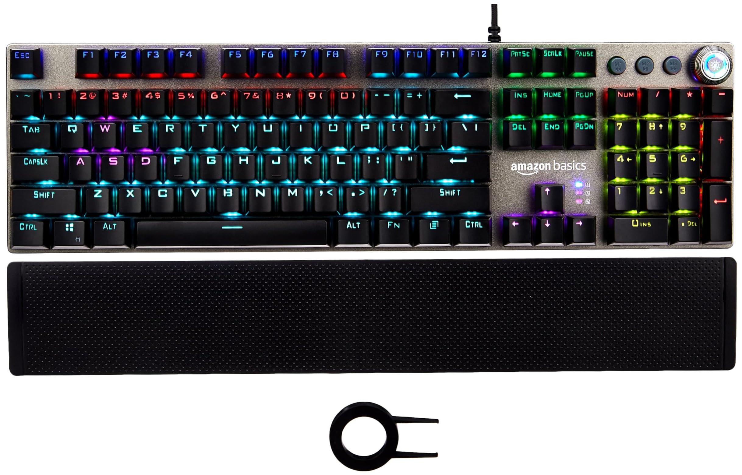 amazon basics Pro Series Mechanical Gaming Keyboard with Drive Customization|RGB LED Lights|Media Control Knob|High-Response Mechanical Switches|Wrist Support|Durable Keycaps|Plug & Play (Black)