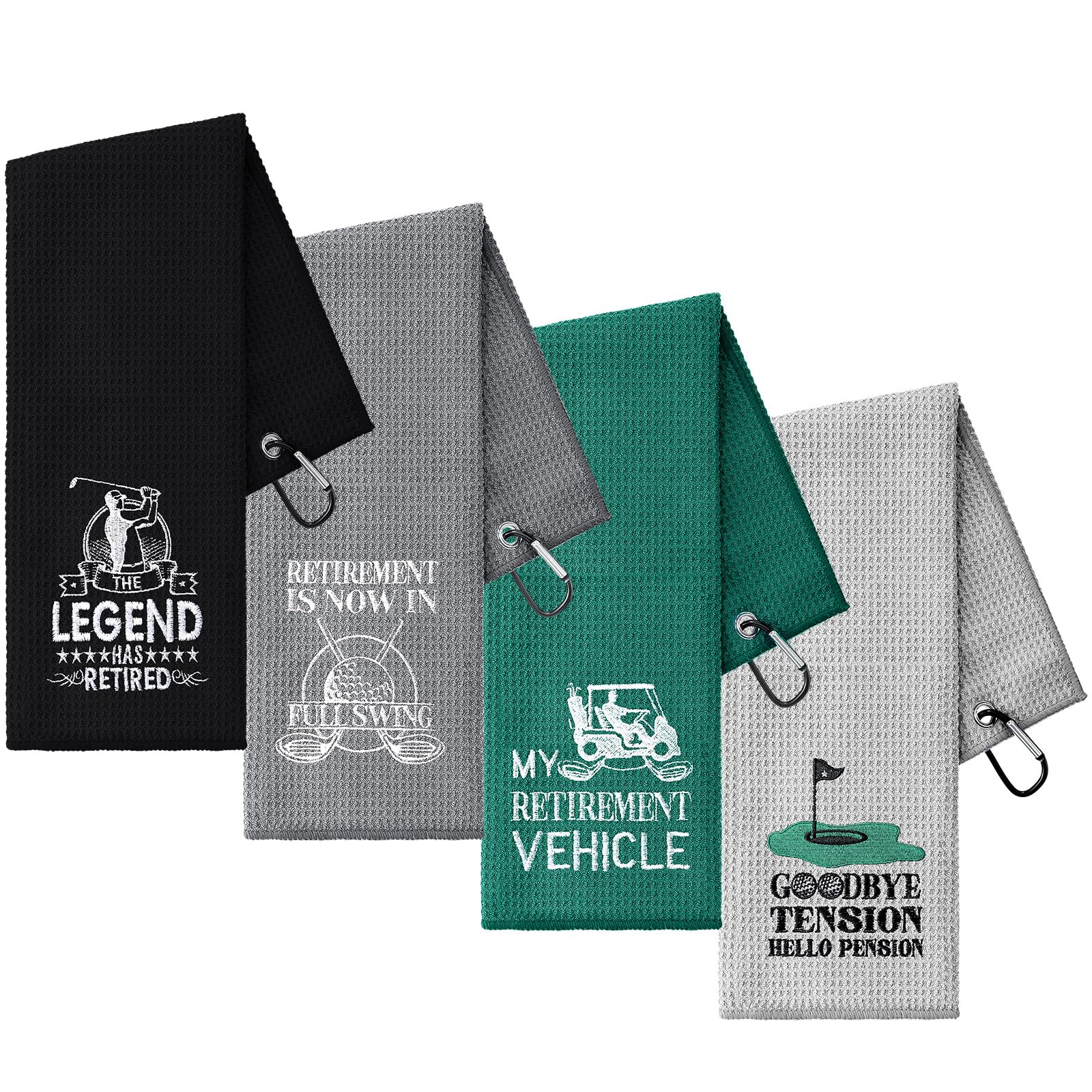 VitalCozy 4 Pcs Funny Embroidered Golf Towels for Bags With Clip - Retirement Gifts for Men Women - Accessories for Golf Fans