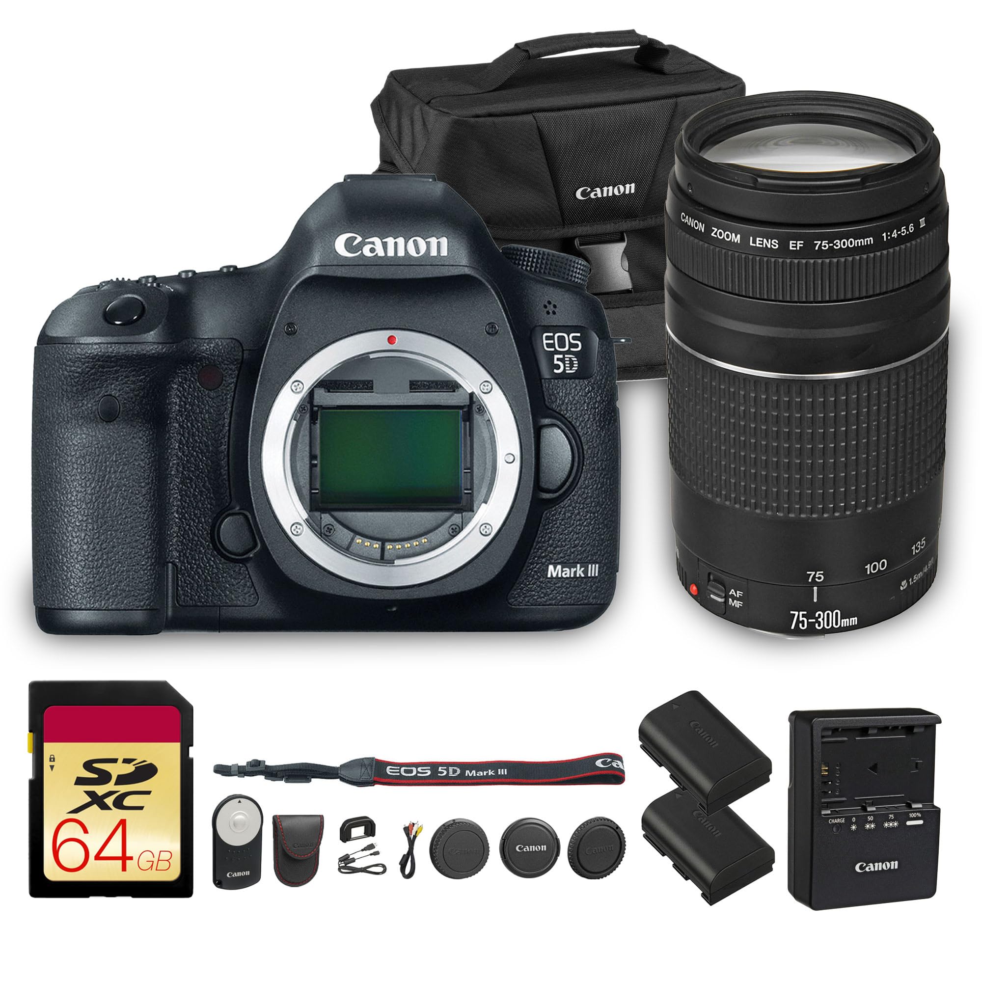 Canon EOS 5D Mark III DSLR Camera | 22.3MP Full-Frame CMOS Sensor, DIGIC 5+ Processor & HD Video | for Weddings, Portraits & Events (5260B002) + Canon EF 75-300mm f/4-5.6 III Lens + RC-6 + Bag + More