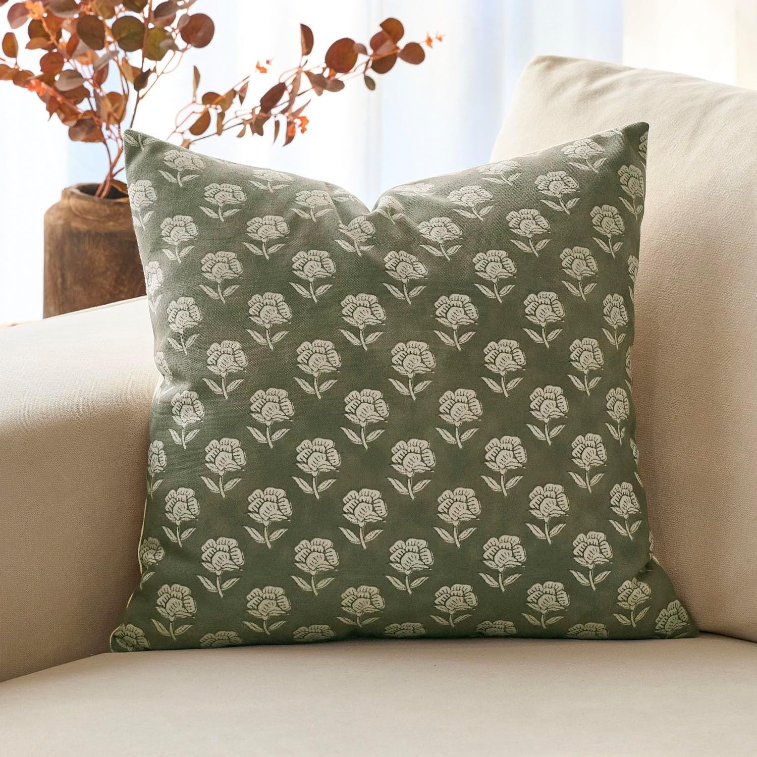 DOMVITUS Floral Pillow Covers 18x18 Throw Pillow Covers Decorative Farmhouse Block Floral Print Vintage Pillow Cover for Living Room Couch Bed, Dusty Green, 1PC