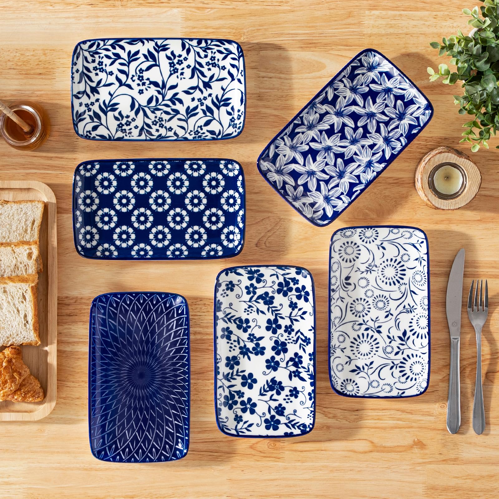vancasso SELENE Juego de 6 Platos Pequeños para Servir - 22 x 13 cm Platos Rectangulares Para Postres, Sushi, Aperitivos - Apto para Microondas - Estilo A Azul y Blanco Chino
