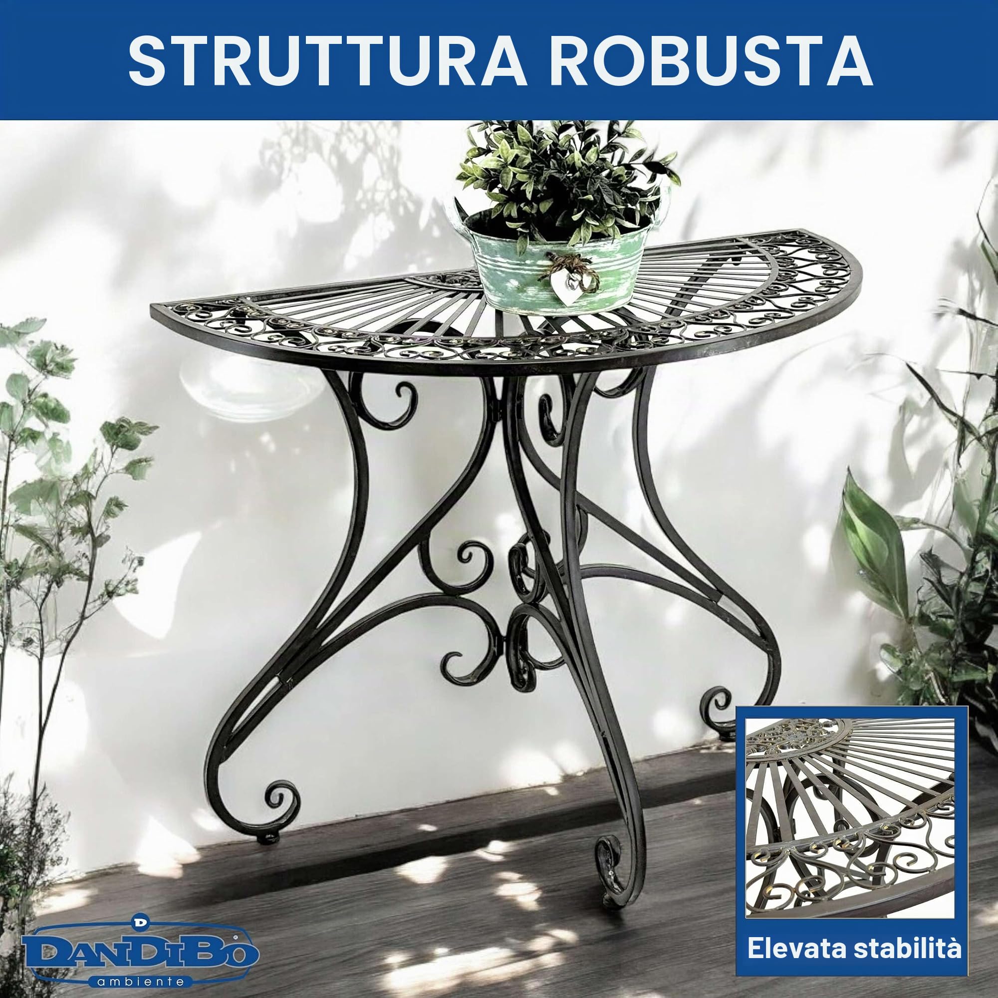 DanDiBo Vigo 19511 - Tavolino da parete semicircolare, in metallo, 90 cm, stile vintage anticato