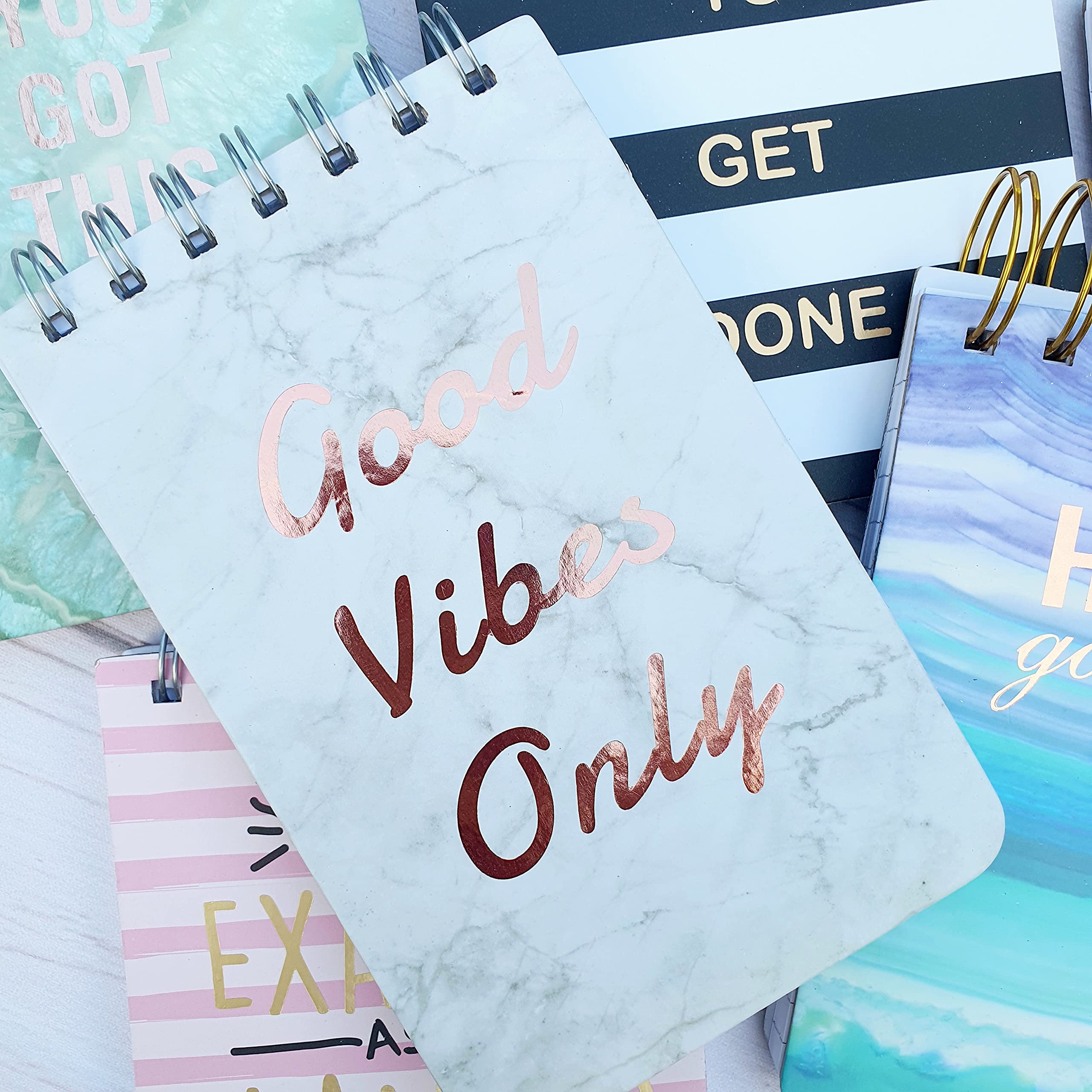 Rack Jack spiral bound pocket memo pad with gold rose gold foiling - good vibes only